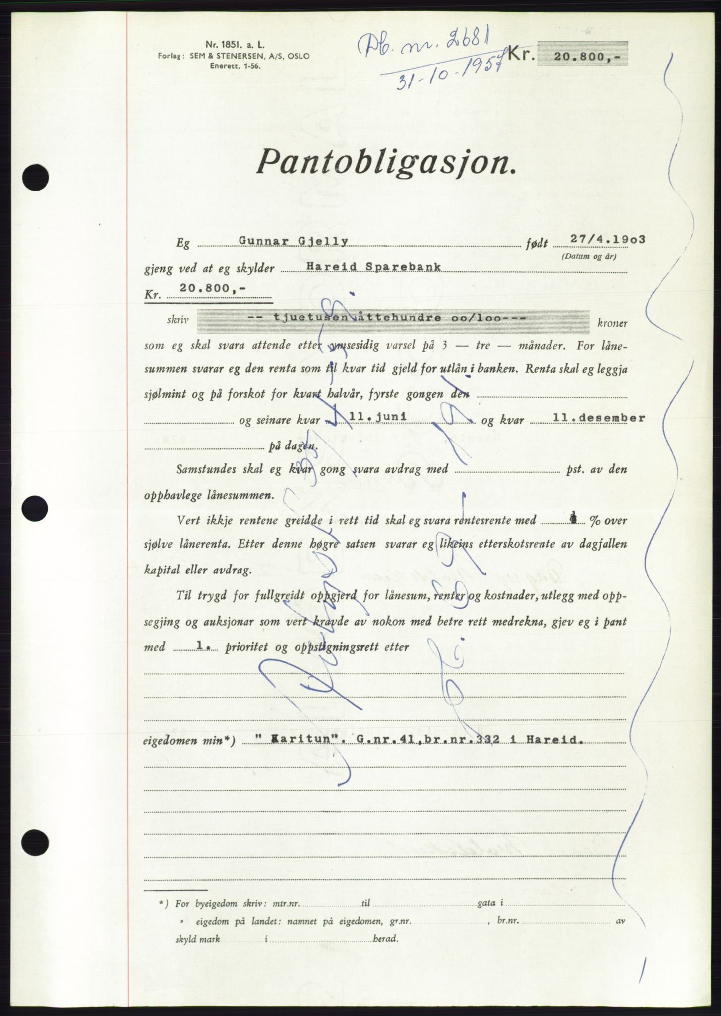 Søre Sunnmøre sorenskriveri, AV/SAT-A-4122/1/2/2C/L0130: Mortgage book no. 18B, 1957-1958, Diary no: : 2681/1957