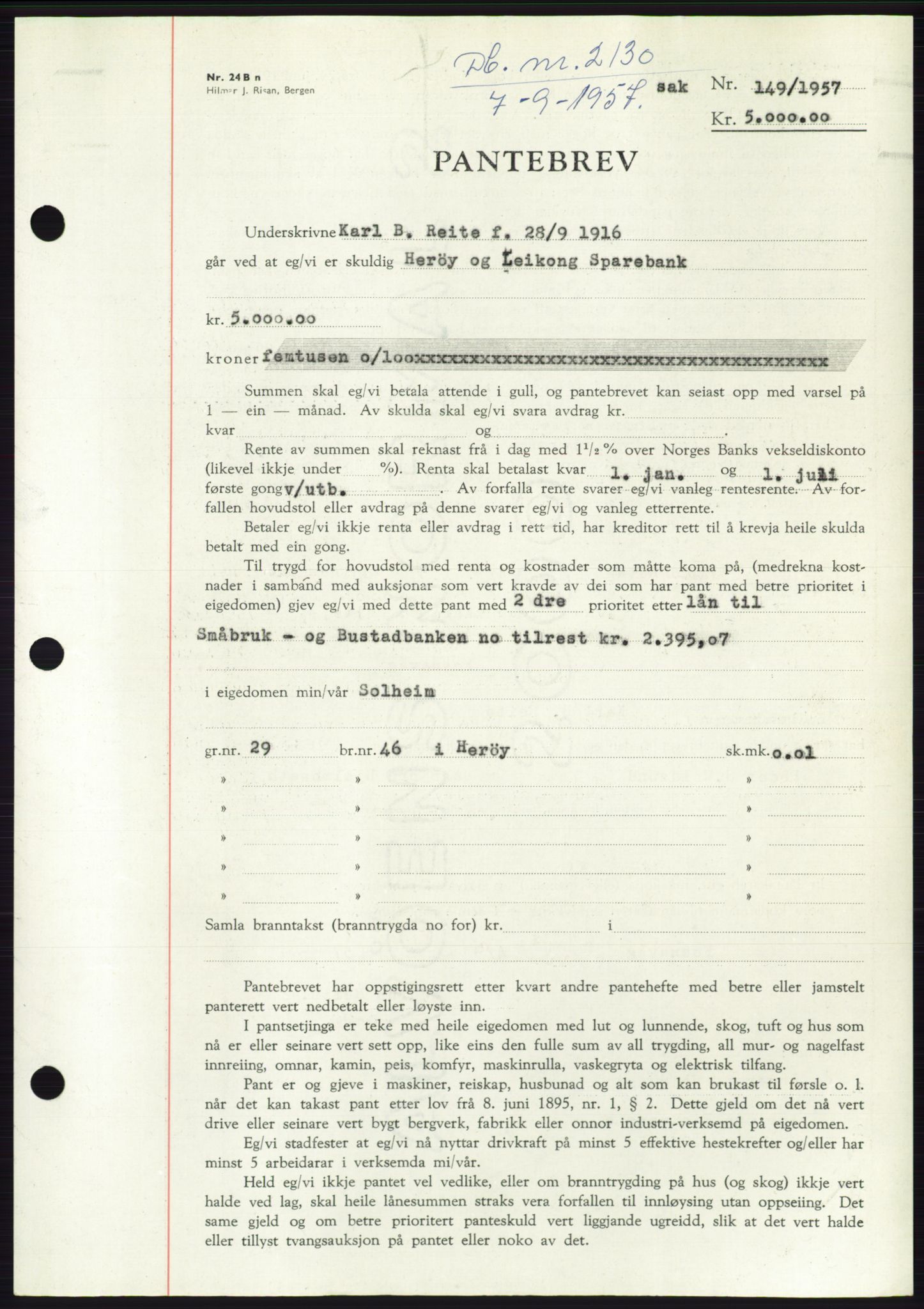 Søre Sunnmøre sorenskriveri, AV/SAT-A-4122/1/2/2C/L0130: Mortgage book no. 18B, 1957-1958, Diary no: : 2130/1957
