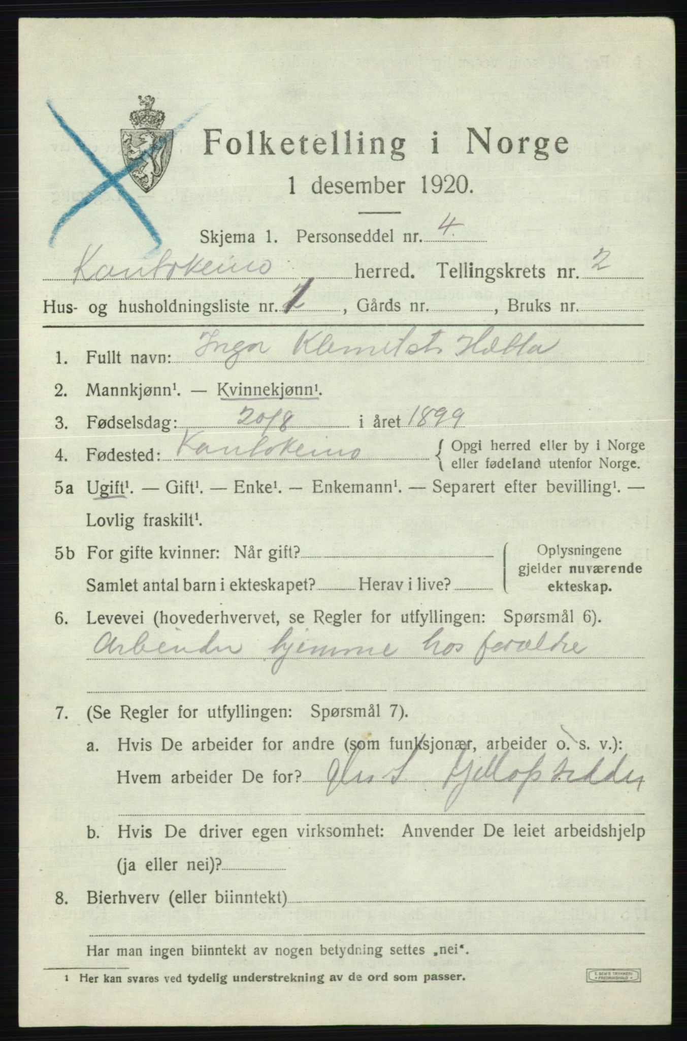 SATØ, 1920 census for Kautokeino, 1920, p. 839