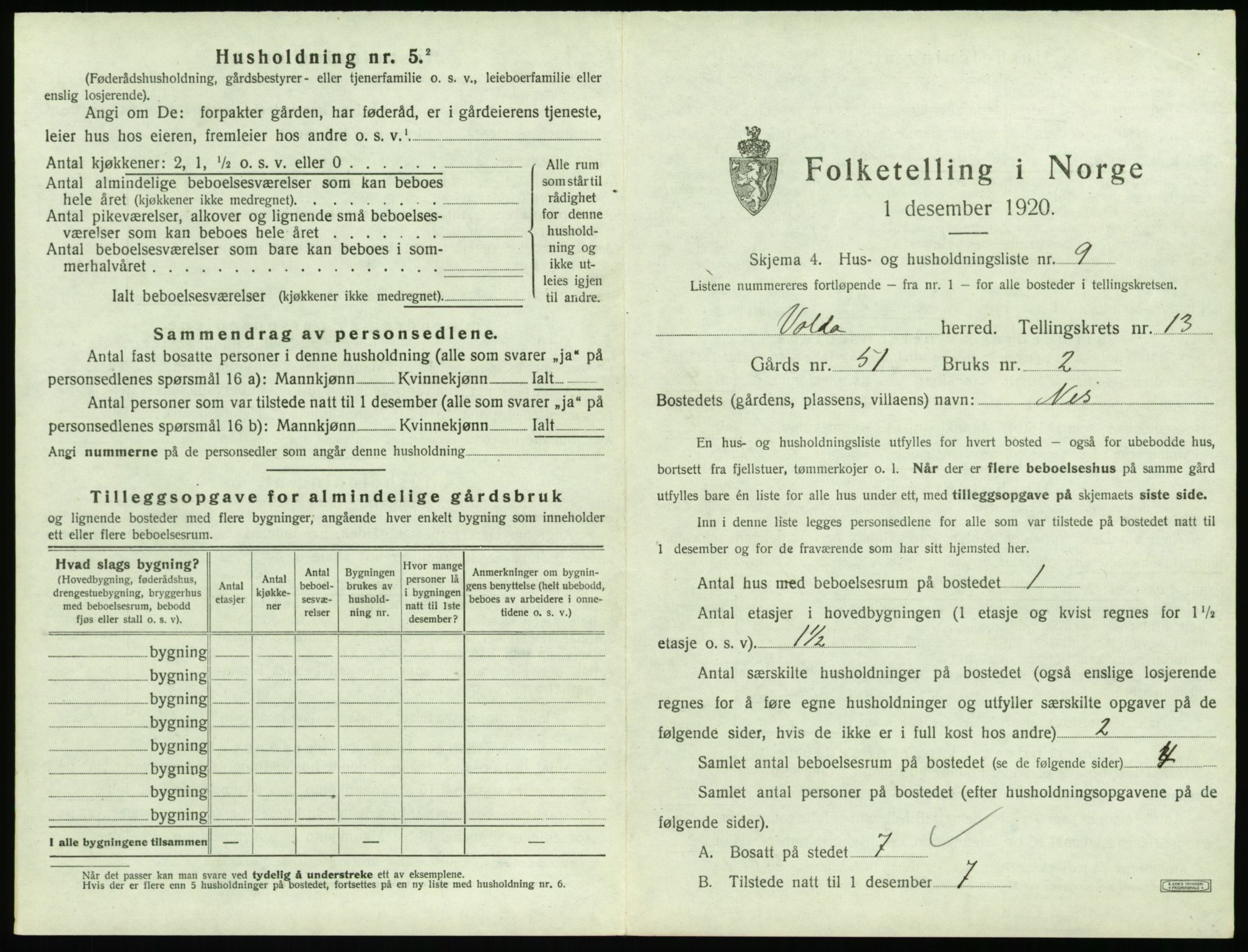 SAT, 1920 census for Volda, 1920, p. 1064