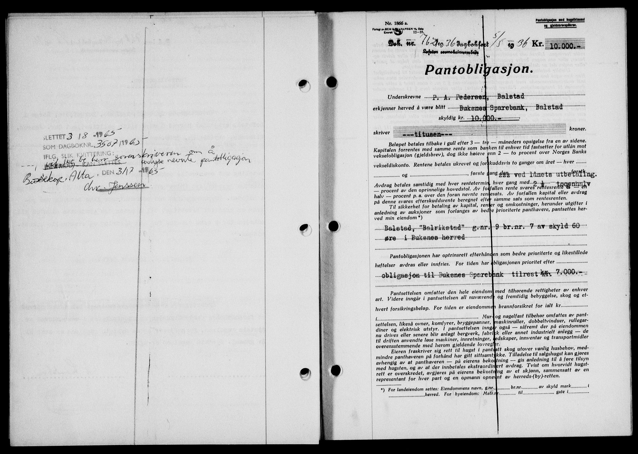 Lofoten sorenskriveri, SAT/A-0017/1/2/2C/L0033b: Mortgage book no. 33b, 1936-1936, Diary no: : 762/1936