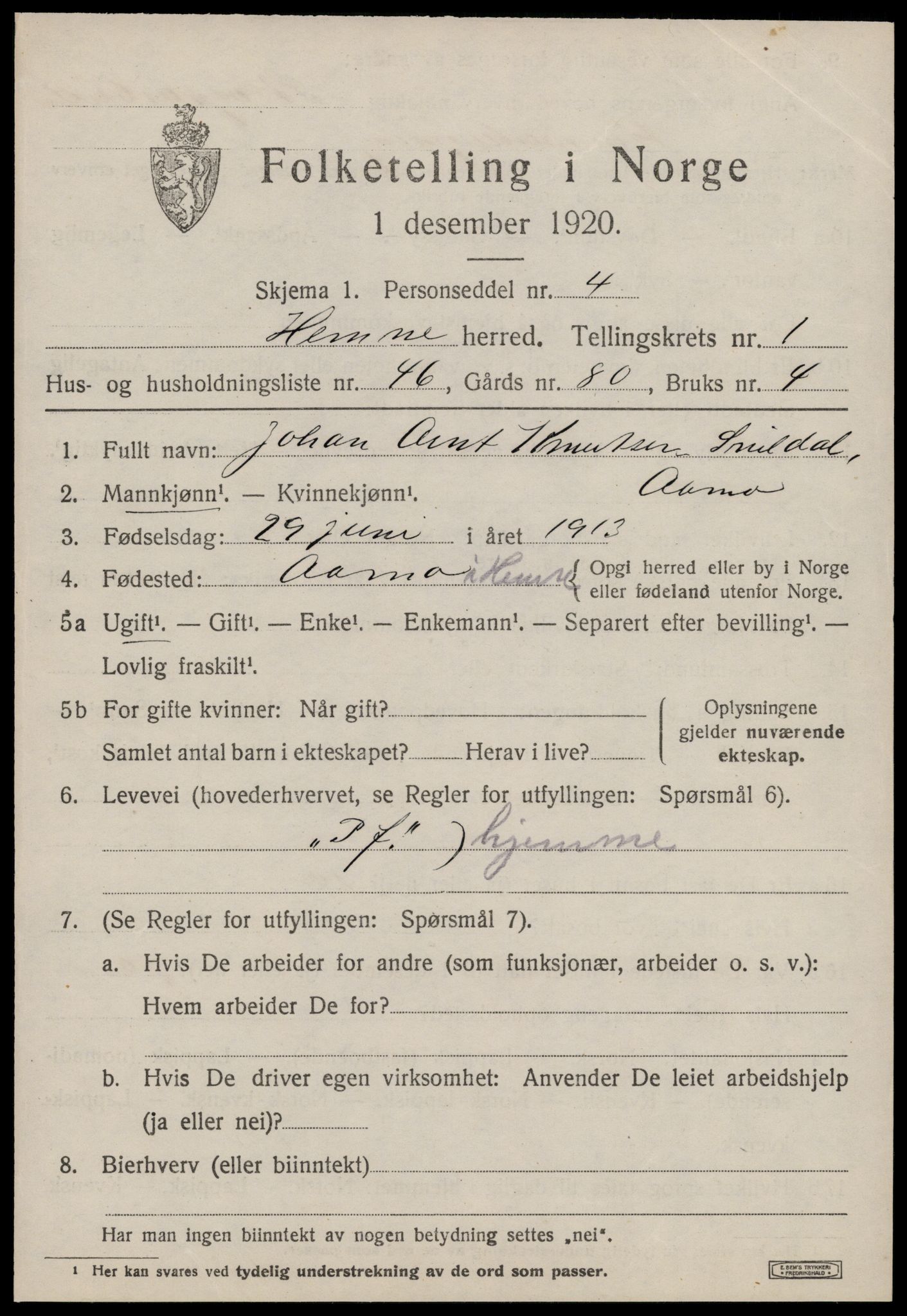 SAT, 1920 census for Hemne, 1920, p. 1804