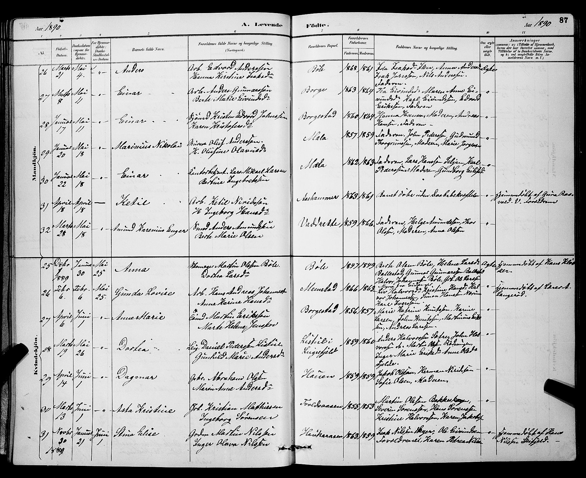 Gjerpen kirkebøker, AV/SAKO-A-265/G/Ga/L0002: Parish register (copy) no. I 2, 1883-1900, p. 87