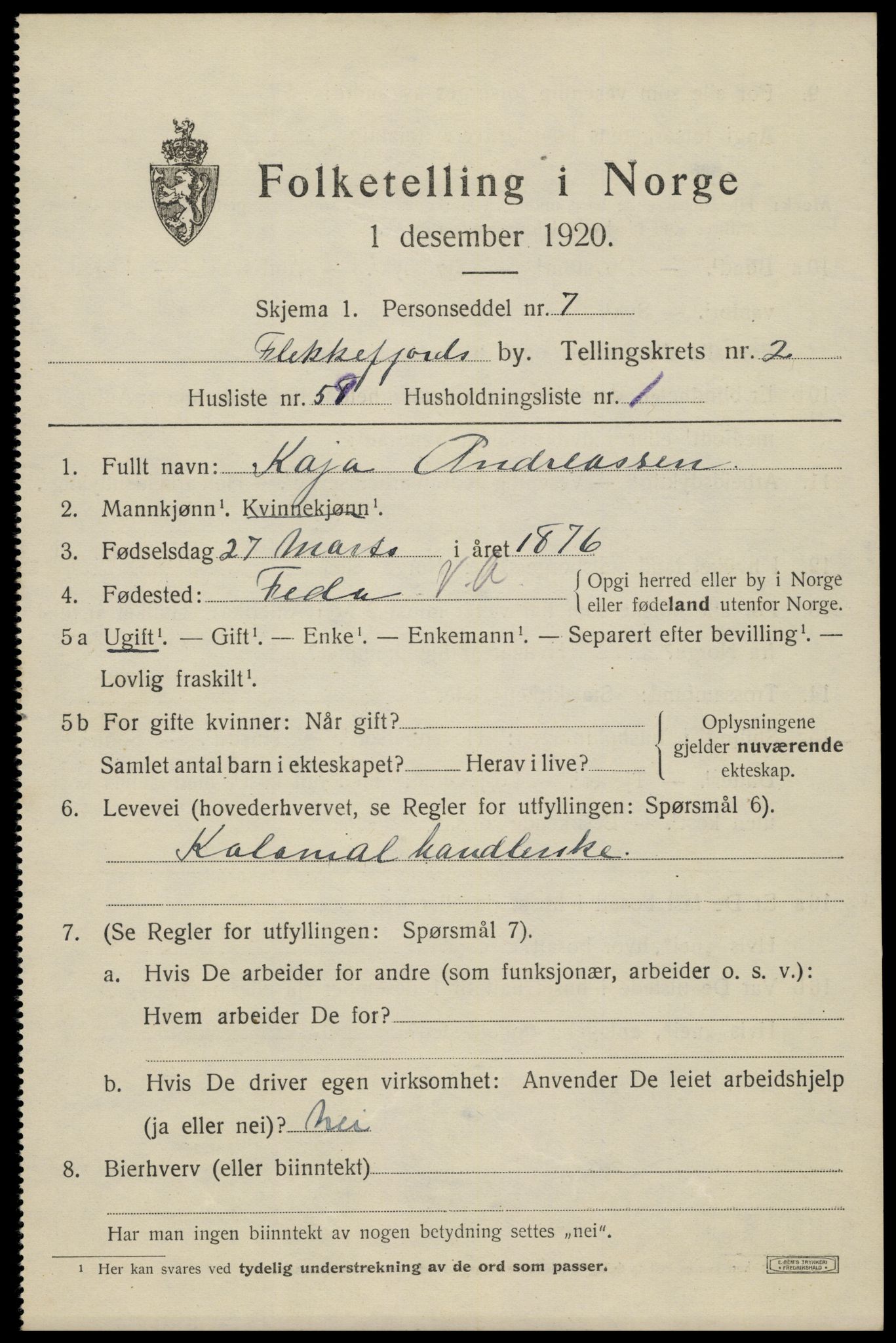 SAK, 1920 census for Flekkefjord, 1920, p. 3206