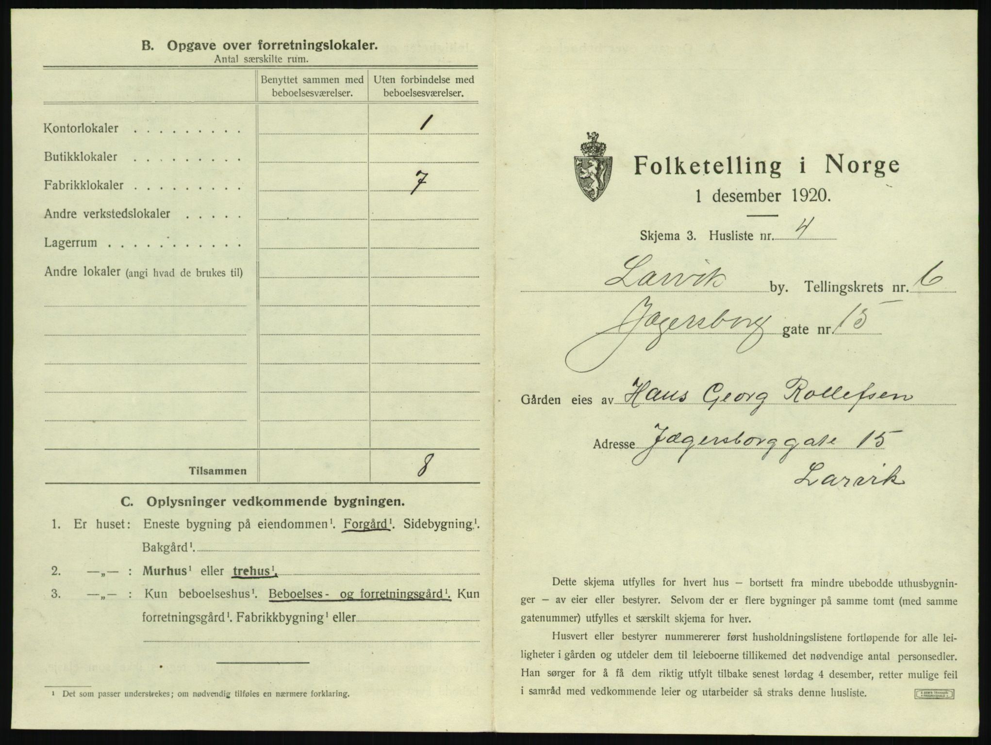 SAKO, 1920 census for Larvik, 1920, p. 1282