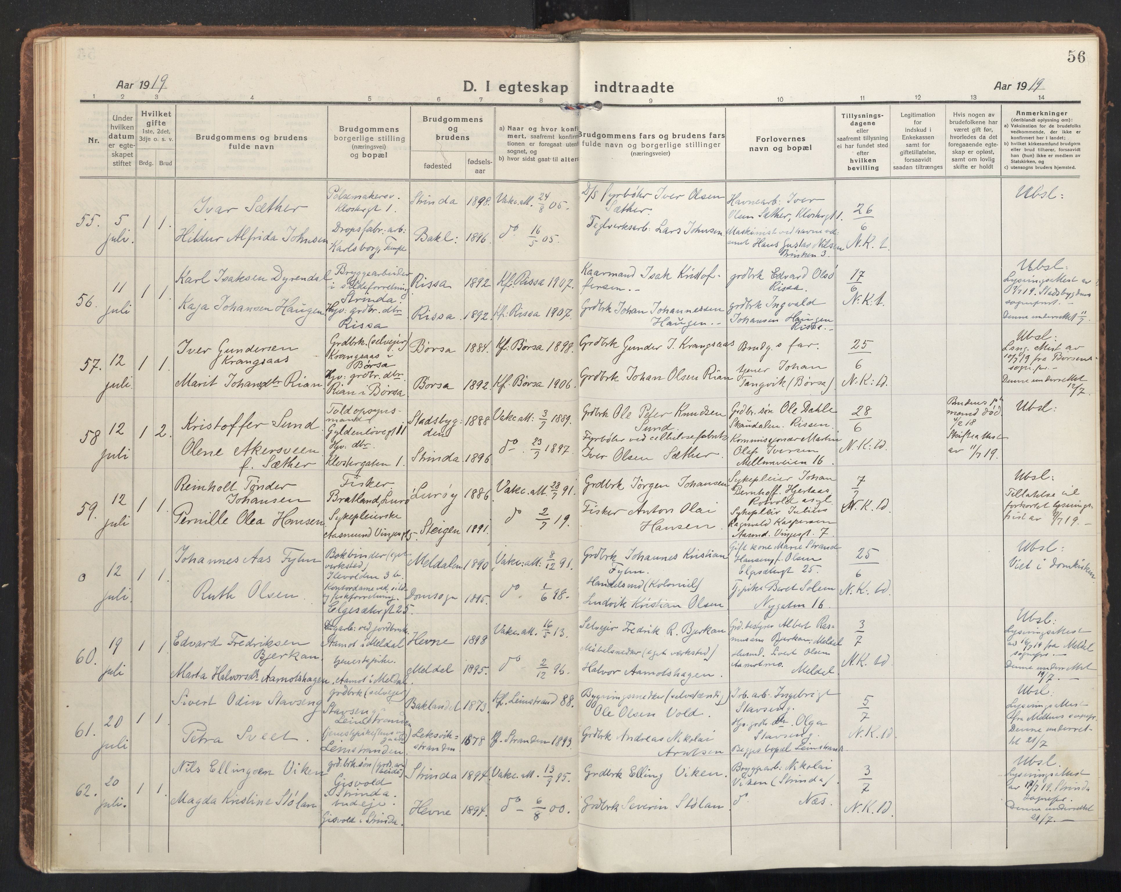 Ministerialprotokoller, klokkerbøker og fødselsregistre - Sør-Trøndelag, AV/SAT-A-1456/604/L0206: Parish register (official) no. 604A26, 1917-1931, p. 56