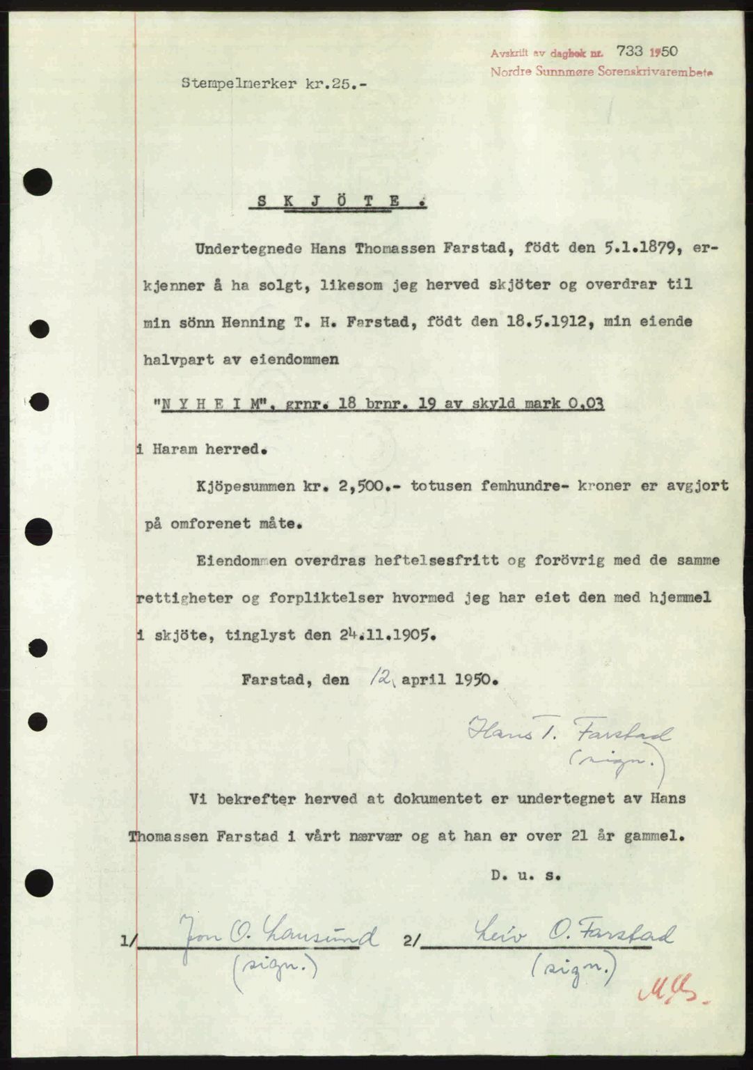 Nordre Sunnmøre sorenskriveri, AV/SAT-A-0006/1/2/2C/2Ca: Mortgage book no. A34, 1950-1950, Diary no: : 732/1950