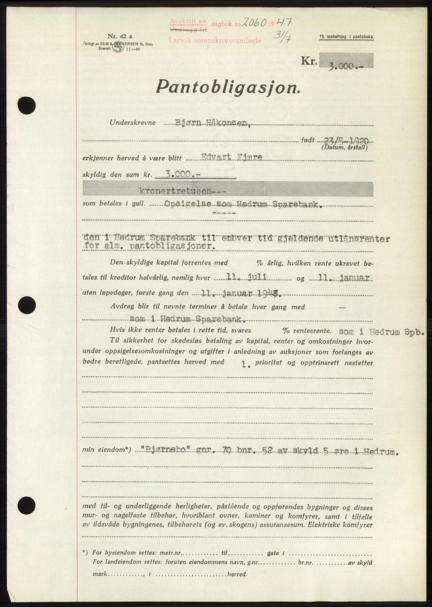Larvik sorenskriveri, AV/SAKO-A-83/G/Ga/Gac/L0012: Mortgage book no. B-12, 1947-1947, Diary no: : 2060/1947