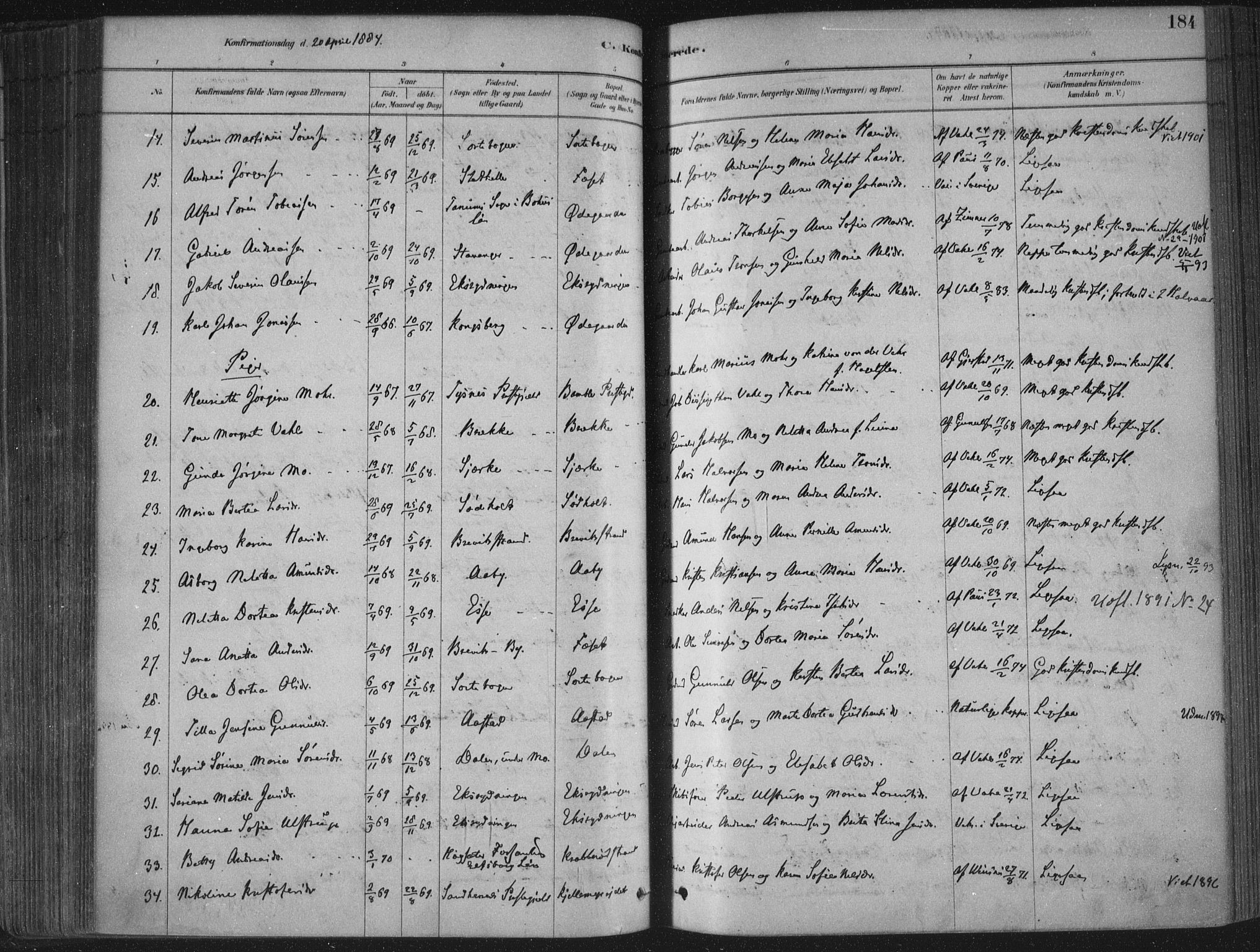 Bamble kirkebøker, SAKO/A-253/F/Fa/L0007: Parish register (official) no. I 7, 1878-1888, p. 184