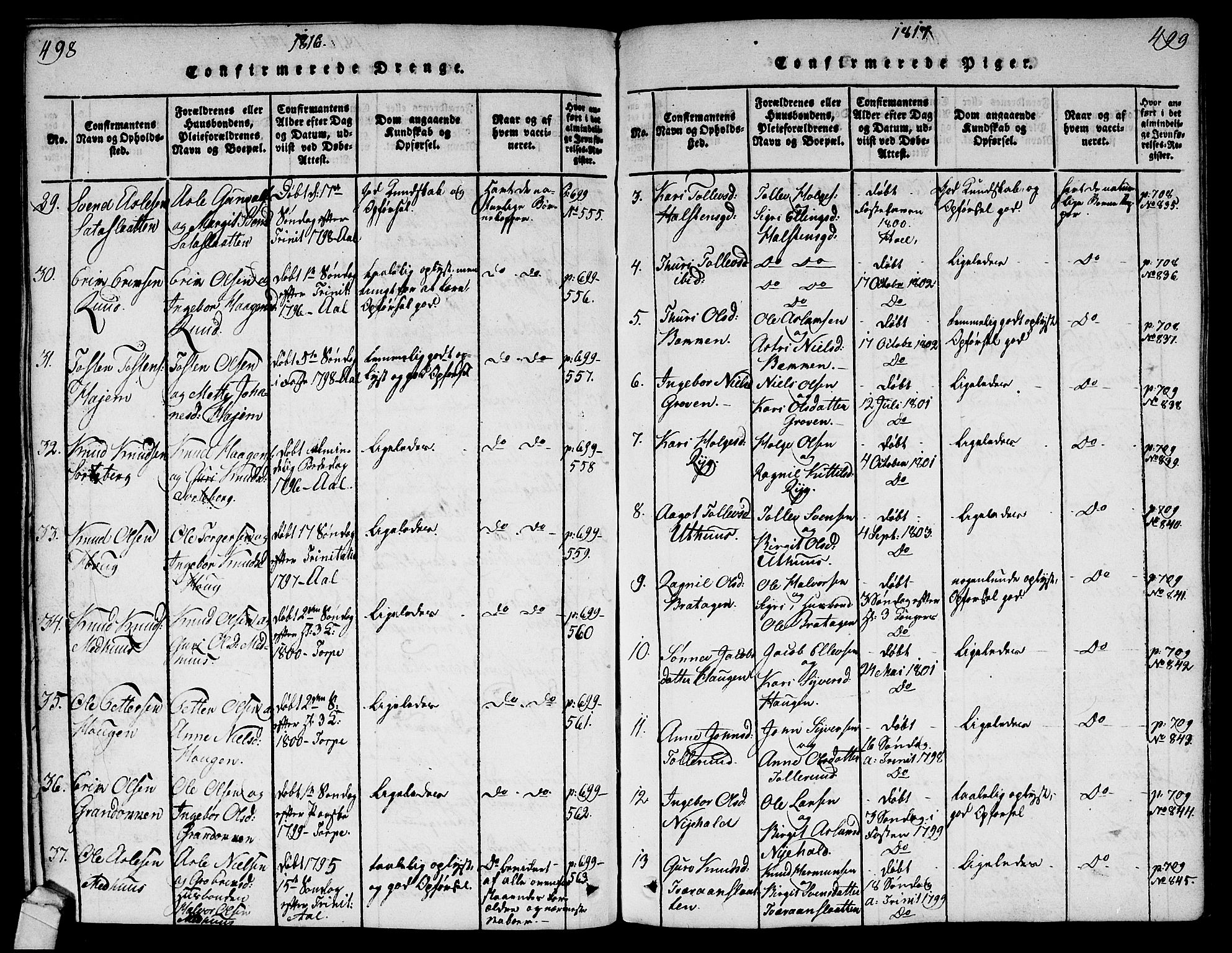 Ål kirkebøker, AV/SAKO-A-249/G/Ga/L0001: Parish register (copy) no. 1, 1815-1829, p. 498-499