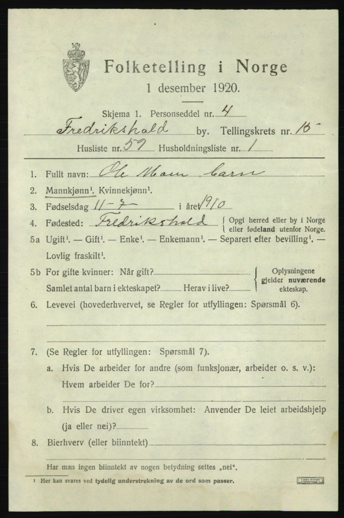 SAO, 1920 census for Fredrikshald, 1920, p. 24522