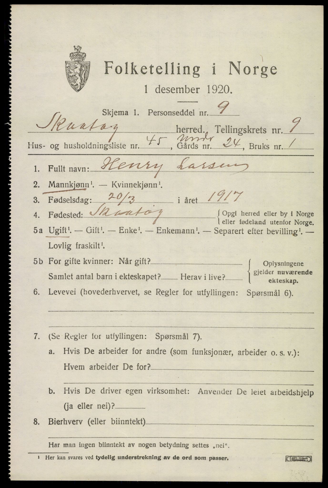SAKO, 1920 census for Skåtøy, 1920, p. 7110