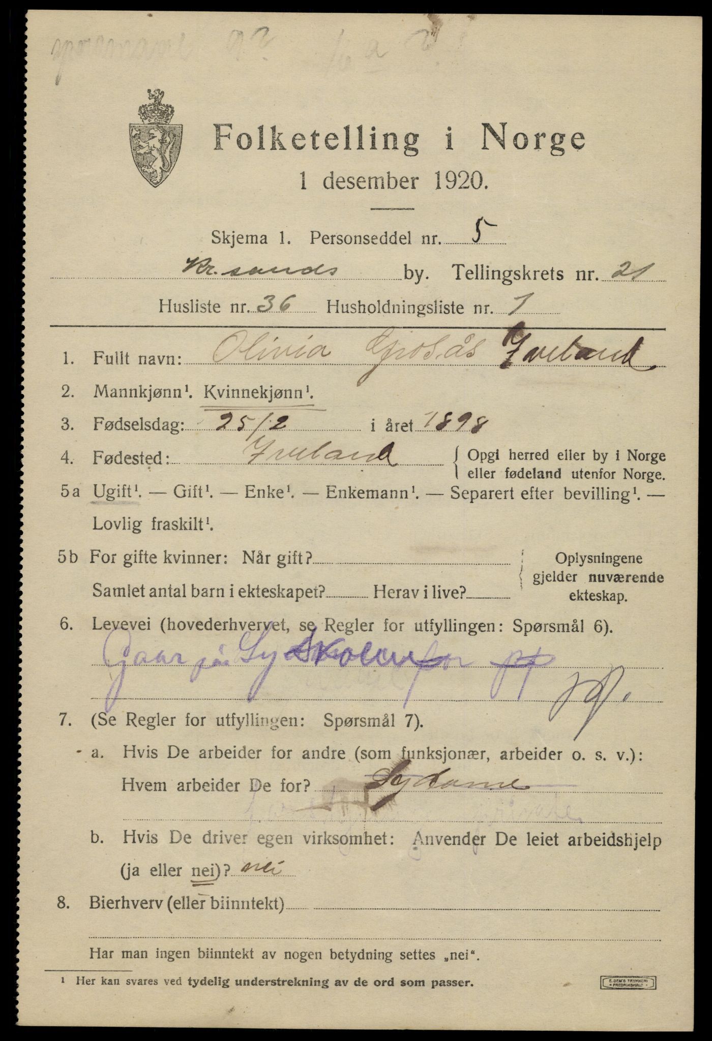 SAK, 1920 census for Kristiansand, 1920, p. 37955