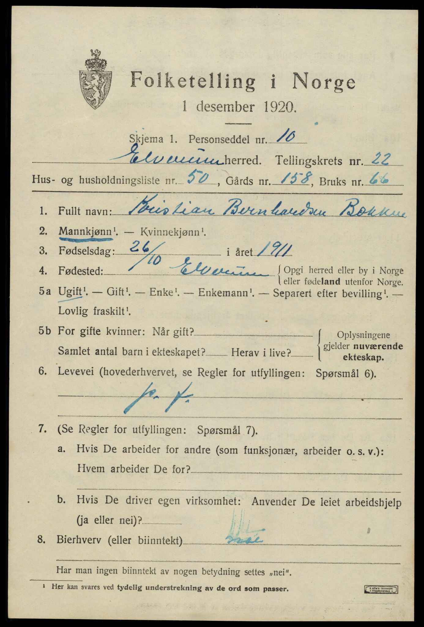 SAH, 1920 census for Elverum, 1920, p. 25164