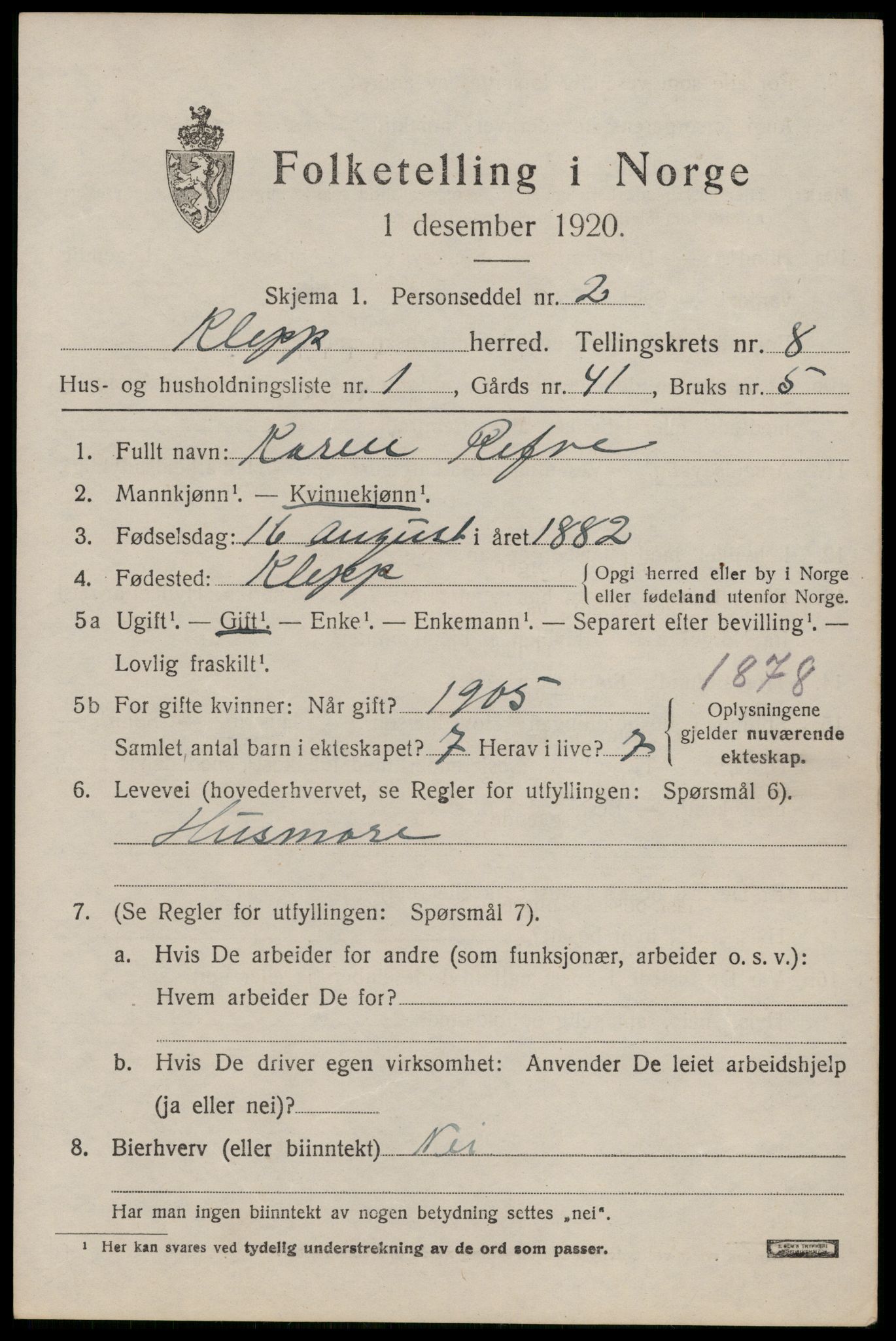 SAST, 1920 census for Klepp, 1920, p. 6960