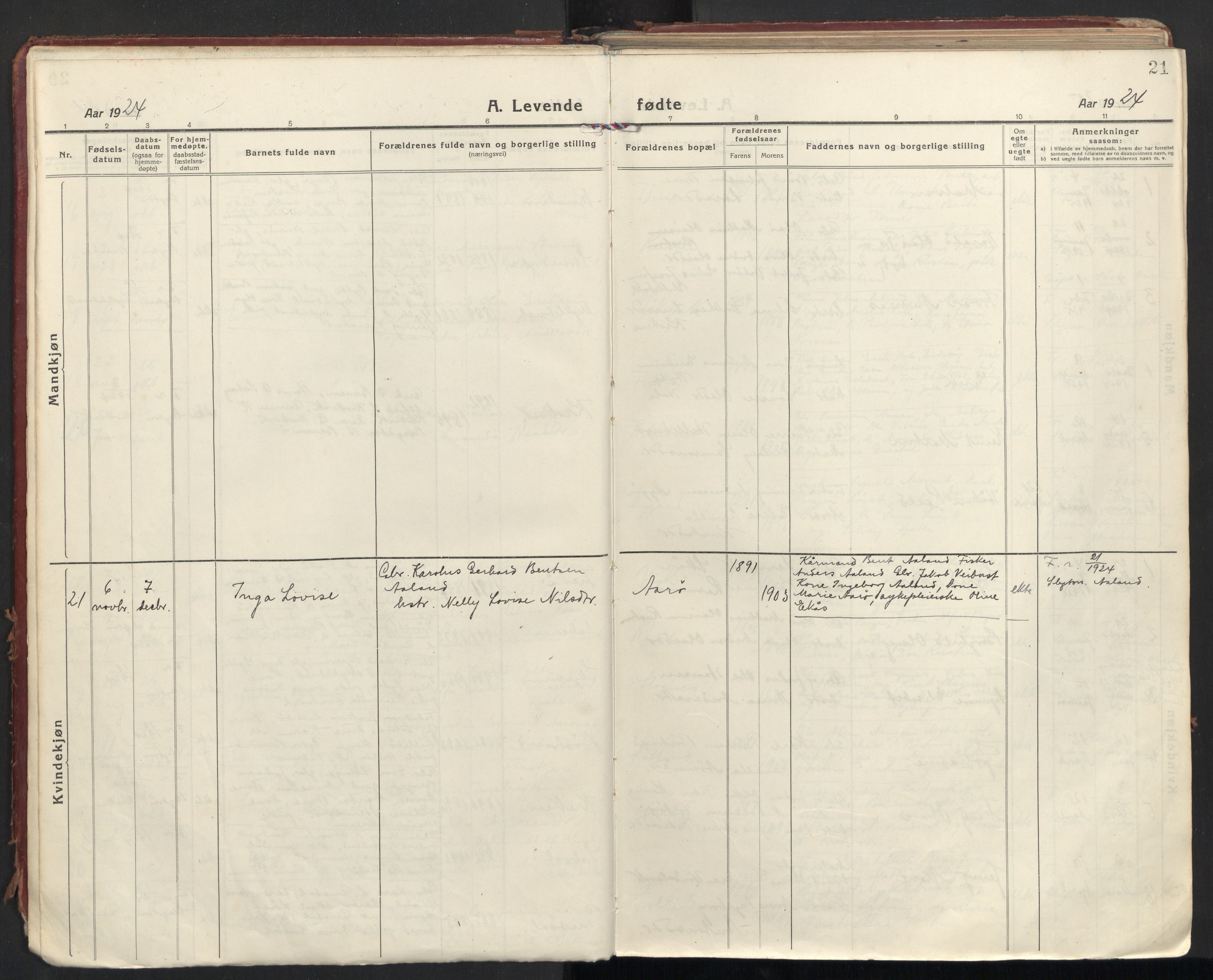 Ministerialprotokoller, klokkerbøker og fødselsregistre - Møre og Romsdal, AV/SAT-A-1454/501/L0012: Parish register (official) no. 501A12, 1920-1946, p. 21