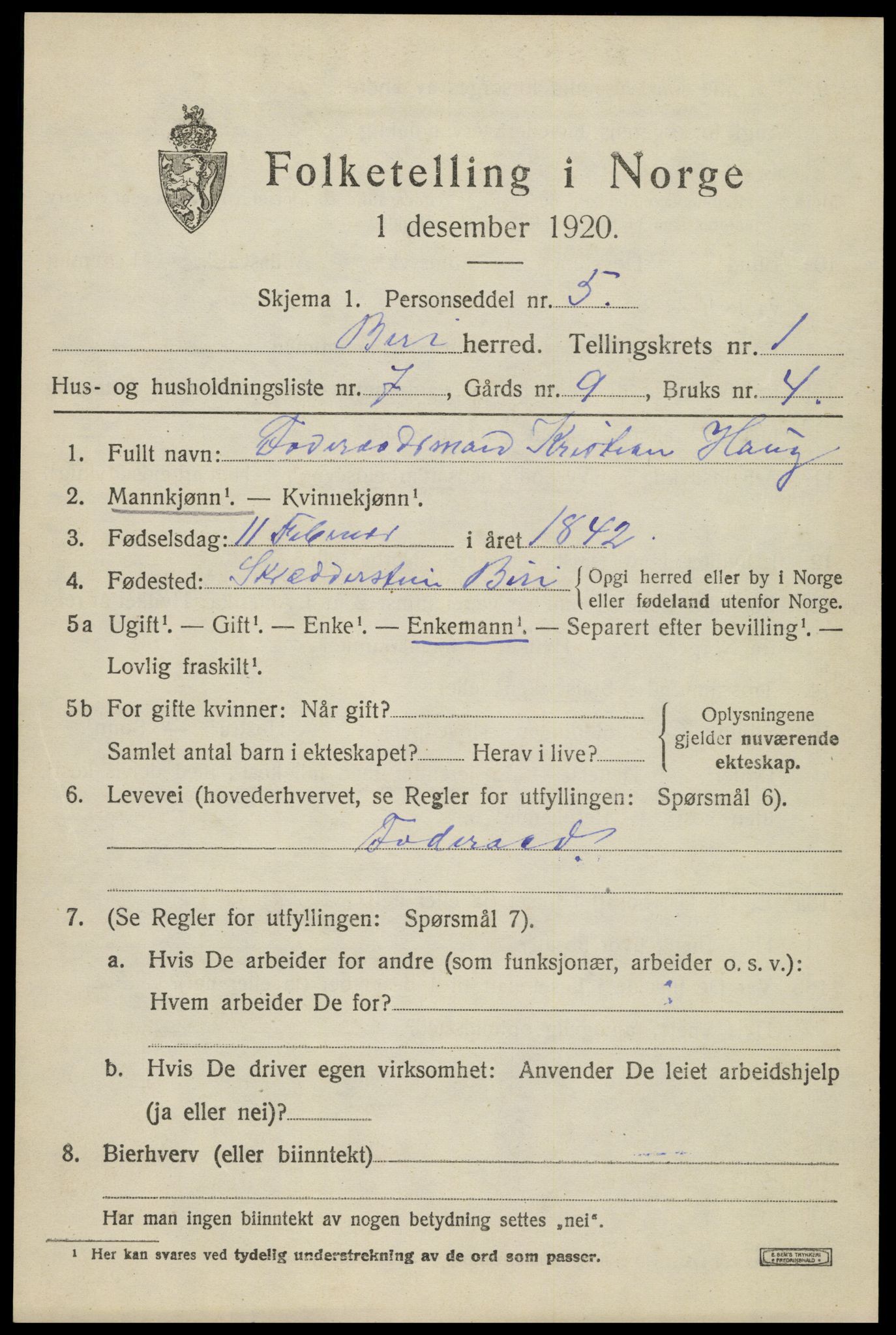 SAH, 1920 census for Biri, 1920, p. 1203