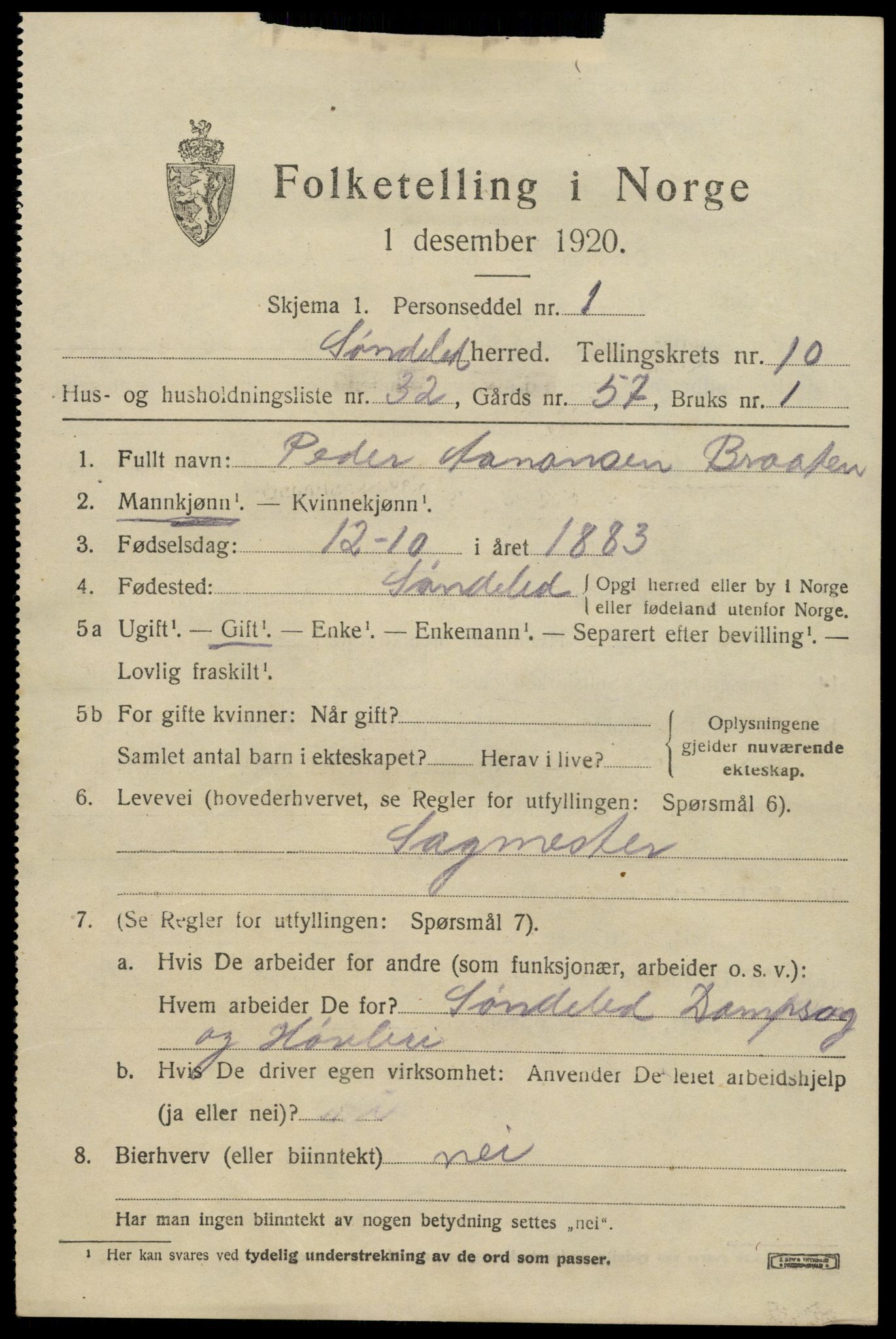 SAK, 1920 census for Søndeled, 1920, p. 5323