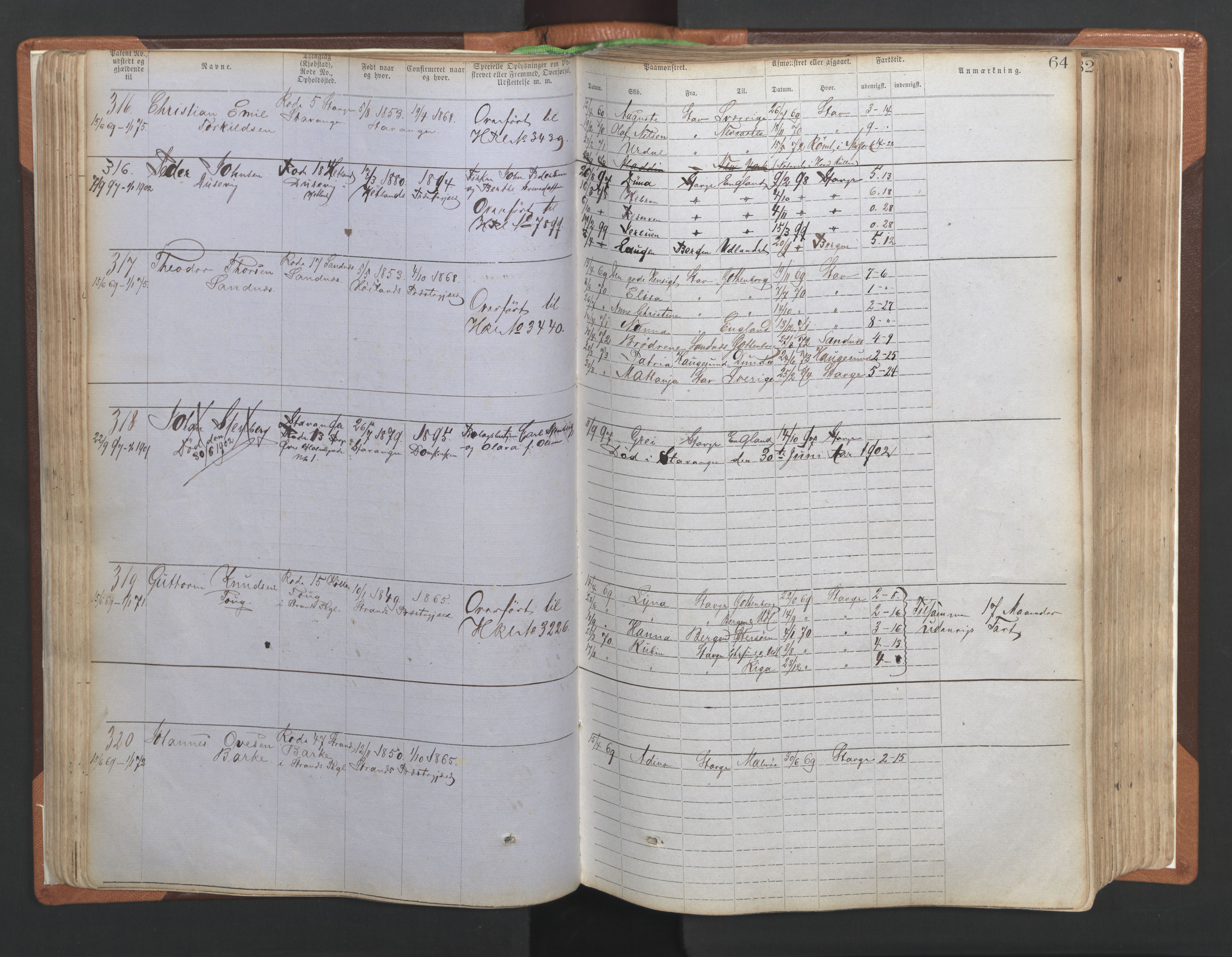 Stavanger sjømannskontor, AV/SAST-A-102006/F/Ff/L0004: Annotasjonsrulle No. 1, patentnr. 1-1785 (del 1), 1869-1900, p. 67