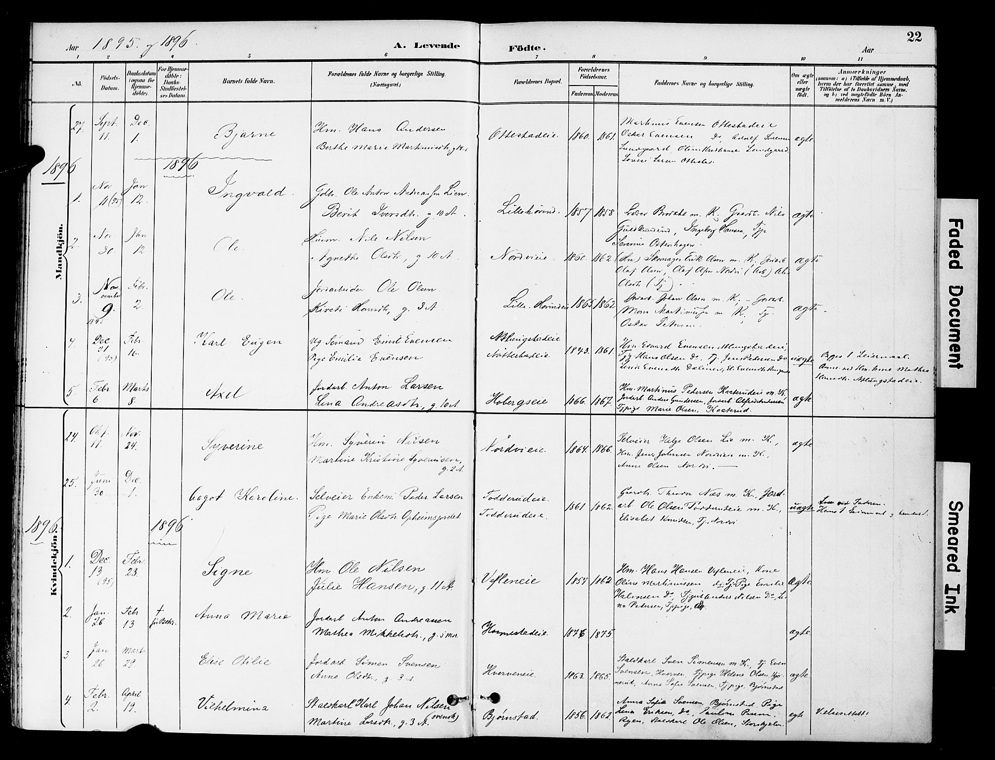 Stange prestekontor, AV/SAH-PREST-002/K/L0021: Parish register (official) no. 21, 1891-1902, p. 22