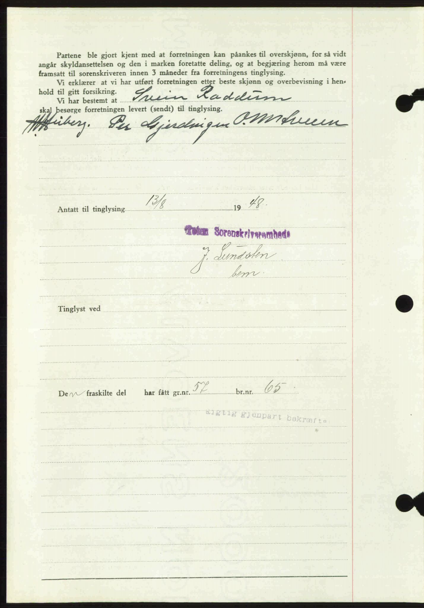 Toten tingrett, SAH/TING-006/H/Hb/Hbc/L0020: Mortgage book no. Hbc-20, 1948-1948, Diary no: : 2572/1948