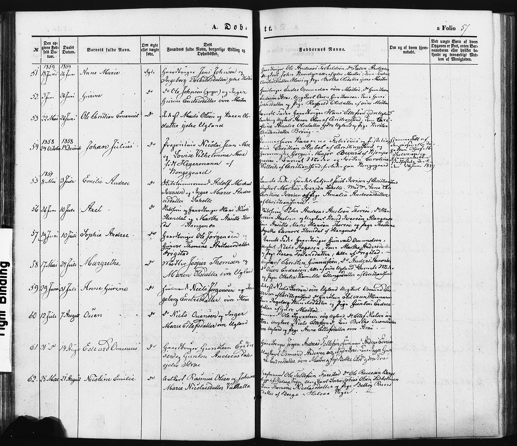 Oddernes sokneprestkontor, AV/SAK-1111-0033/F/Fa/Faa/L0007: Parish register (official) no. A 7, 1851-1863, p. 57