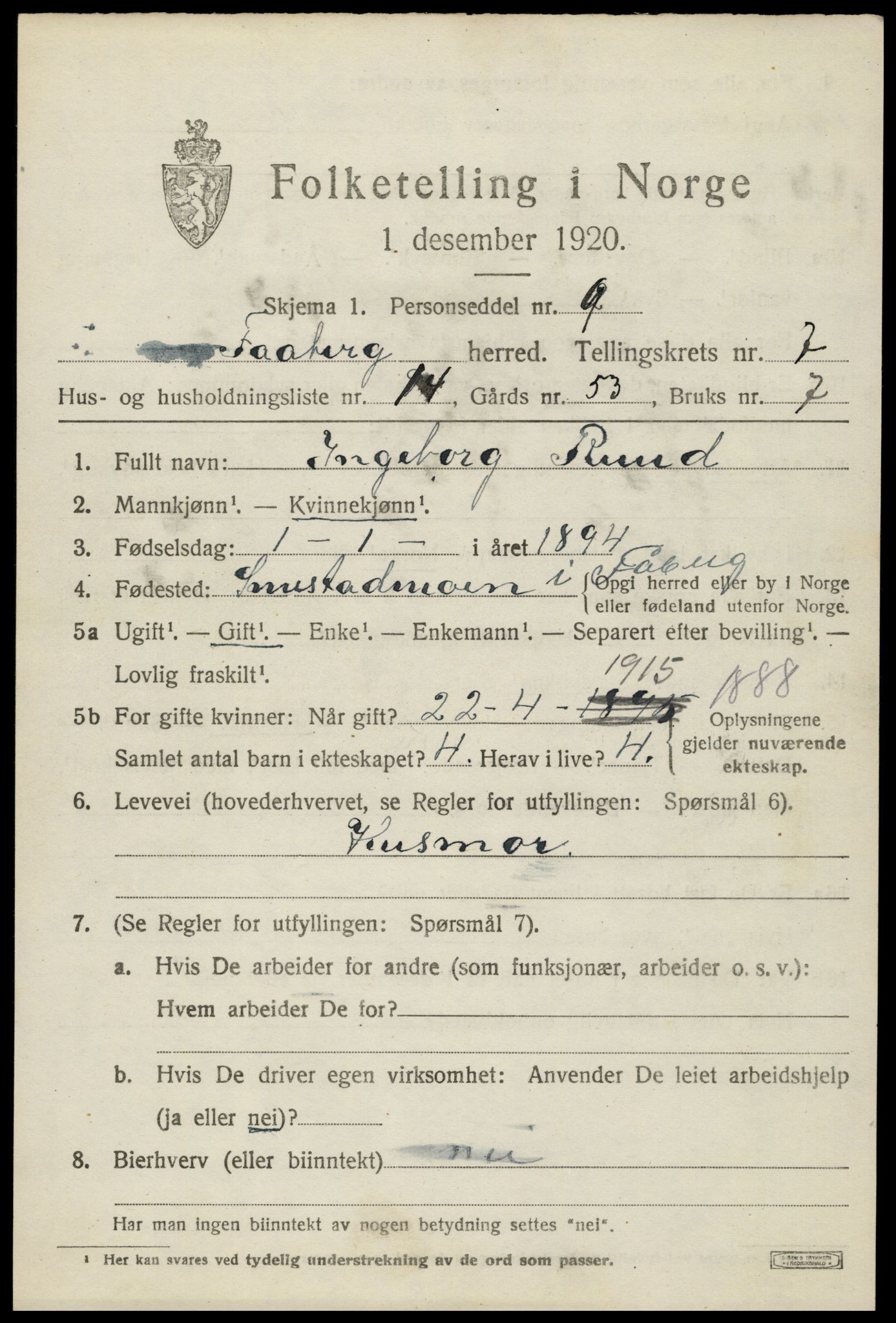 SAH, 1920 census for Fåberg, 1920, p. 7992