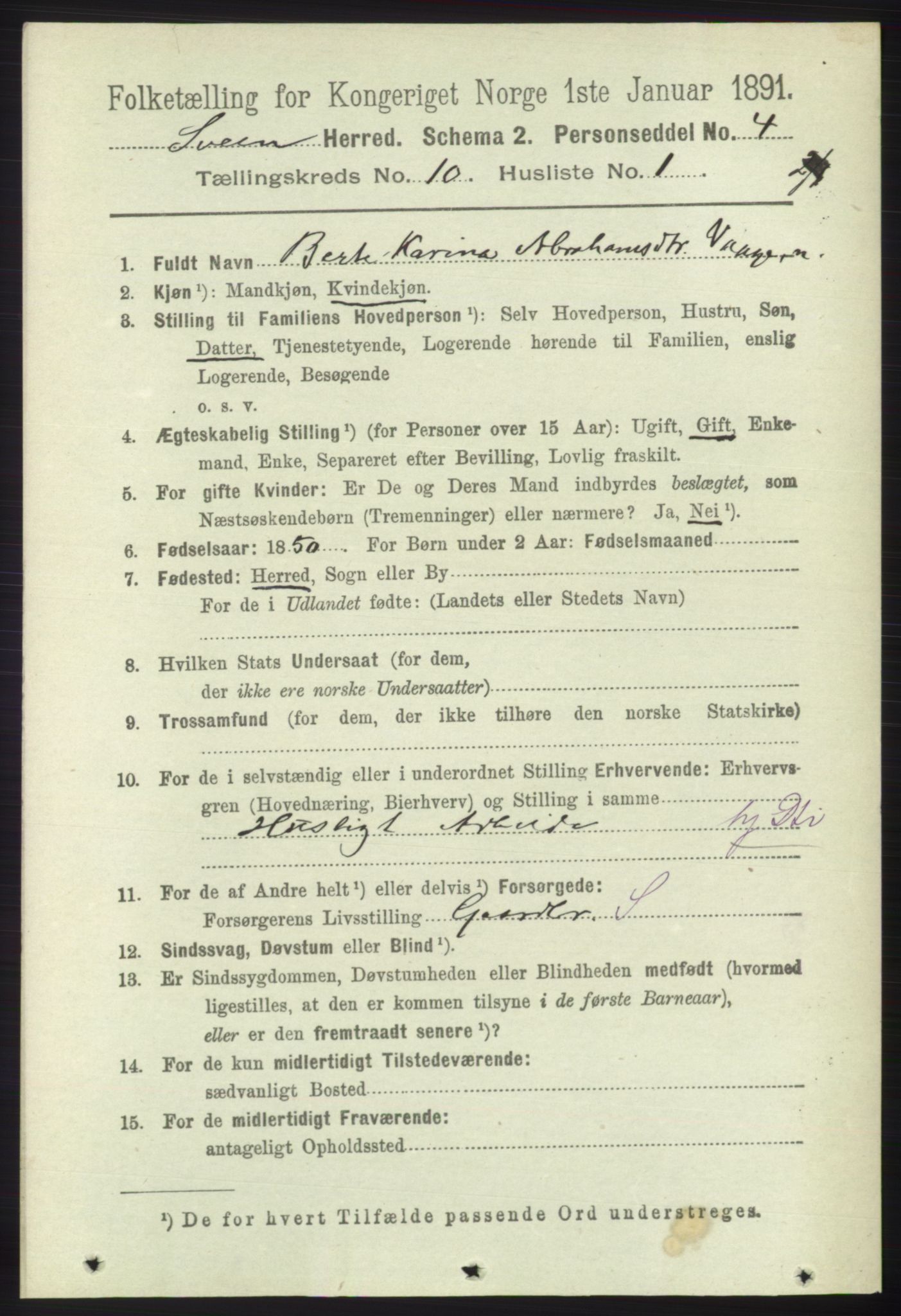 RA, 1891 census for 1216 Sveio, 1891, p. 2917