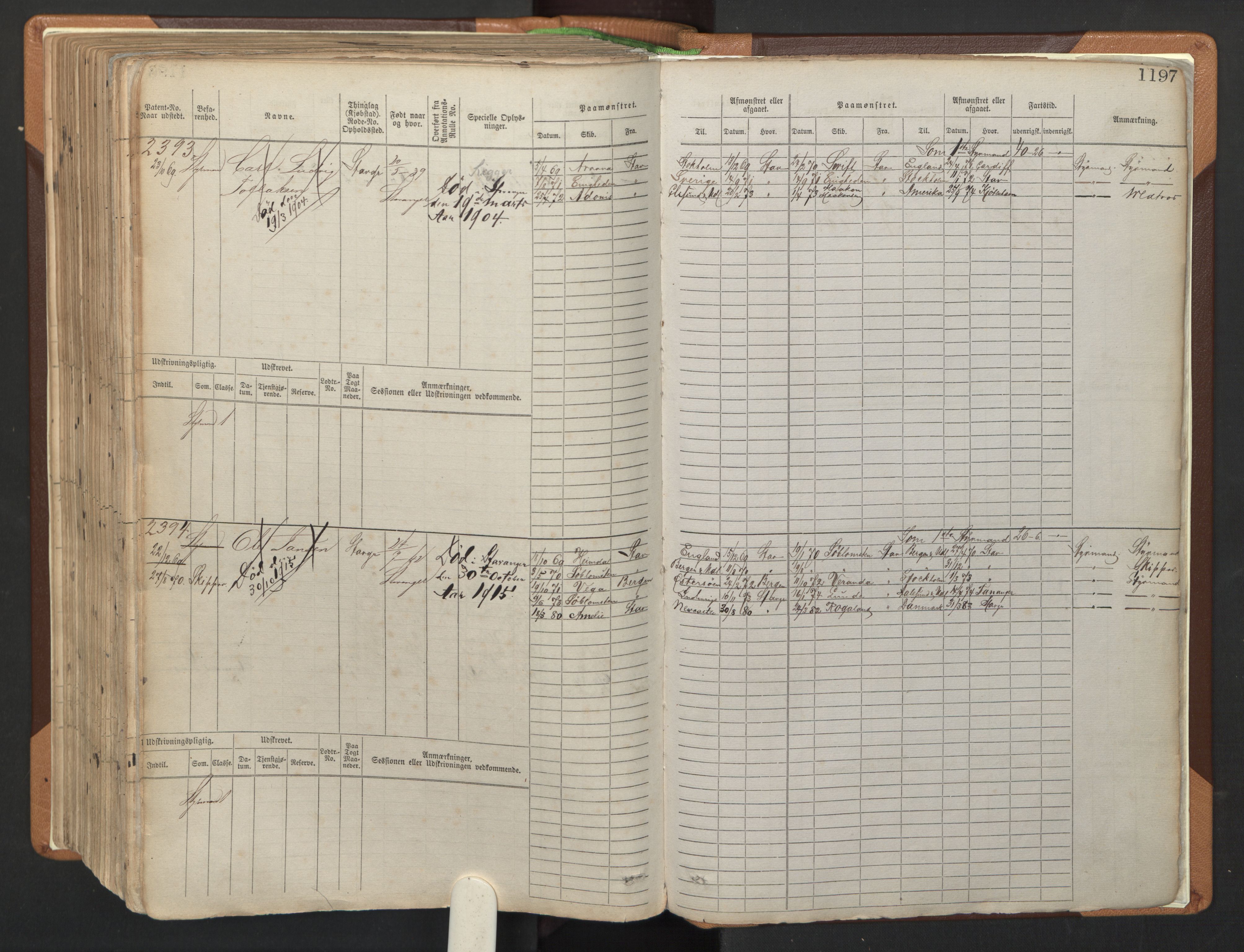 Stavanger sjømannskontor, AV/SAST-A-102006/F/Fb/Fbb/L0006: Sjøfartshovedrulle, patentnr. 1607-2402 (del 3), 1869-1880, p. 397