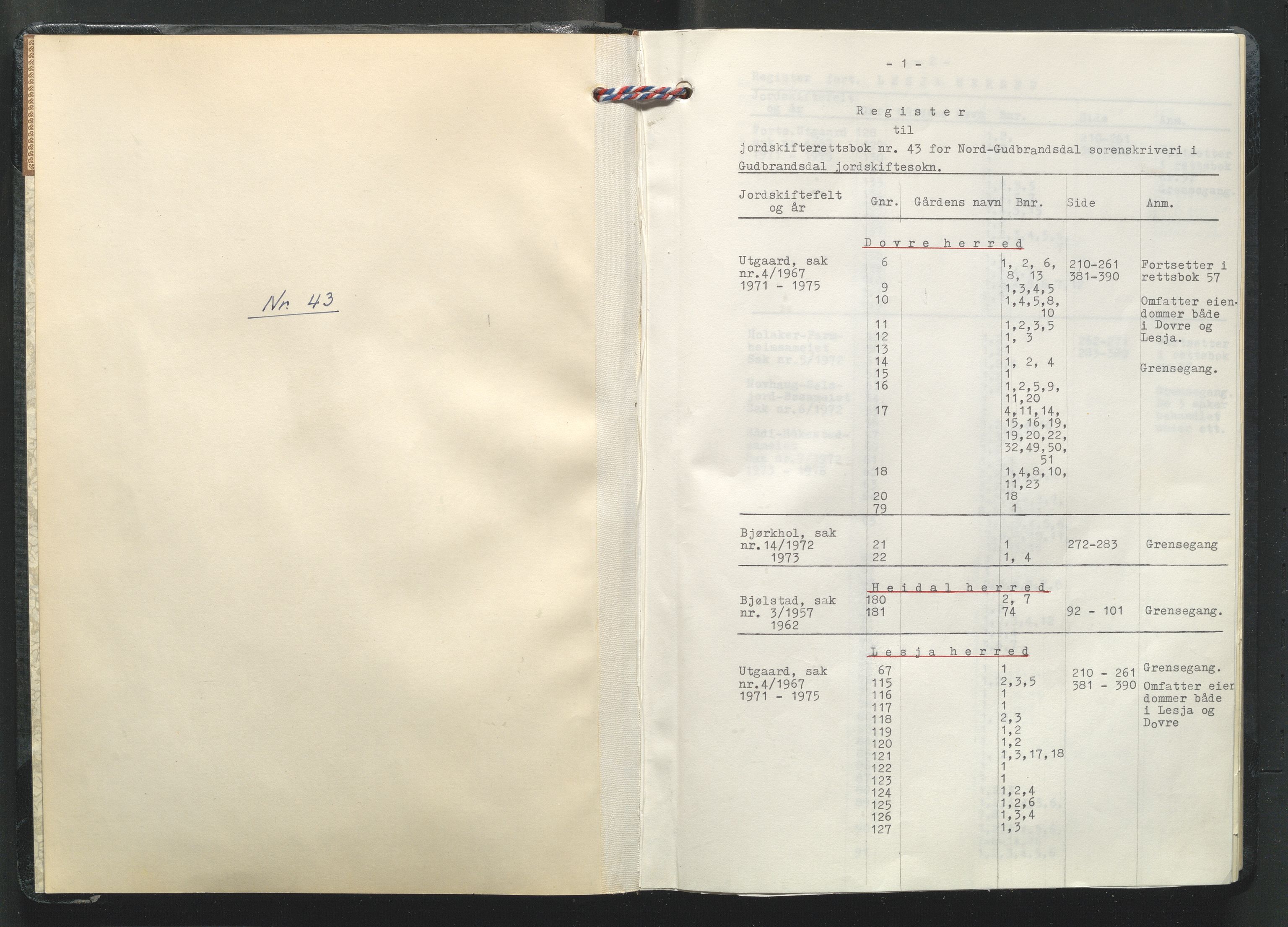 Nord-Gudbrandsdal jordskifterett, AV/SAH-JORDSKIFTEO-005/G/Ga/L0002/0002: Rettsbøker / Rettsbok - protokoll nr. 43, 1952-1975