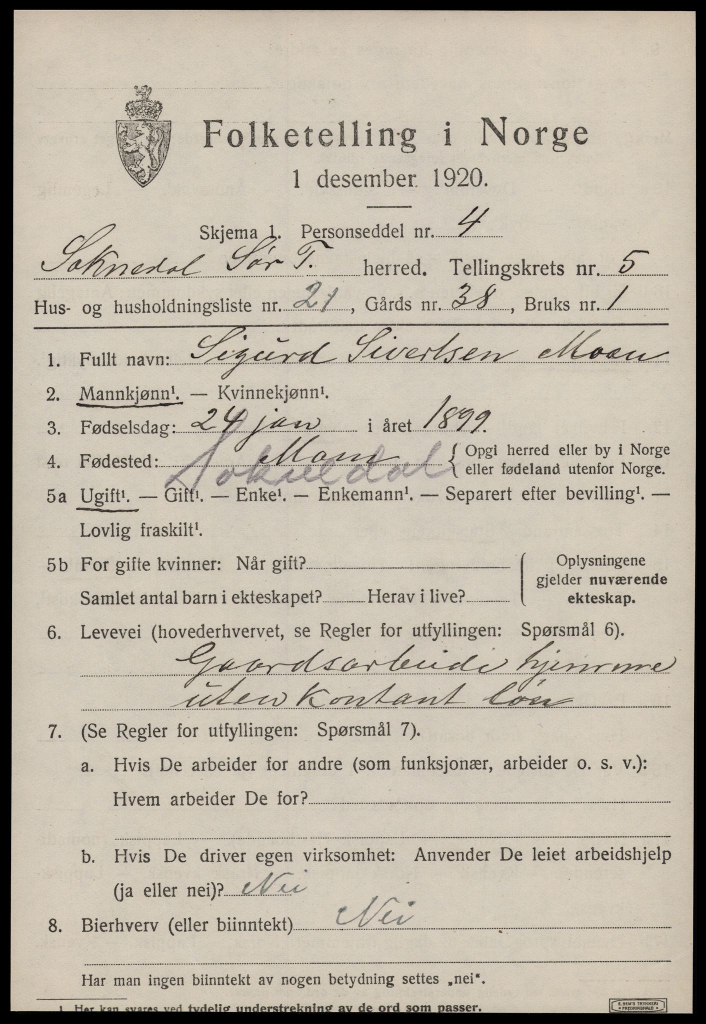 SAT, 1920 census for Soknedal, 1920, p. 2880