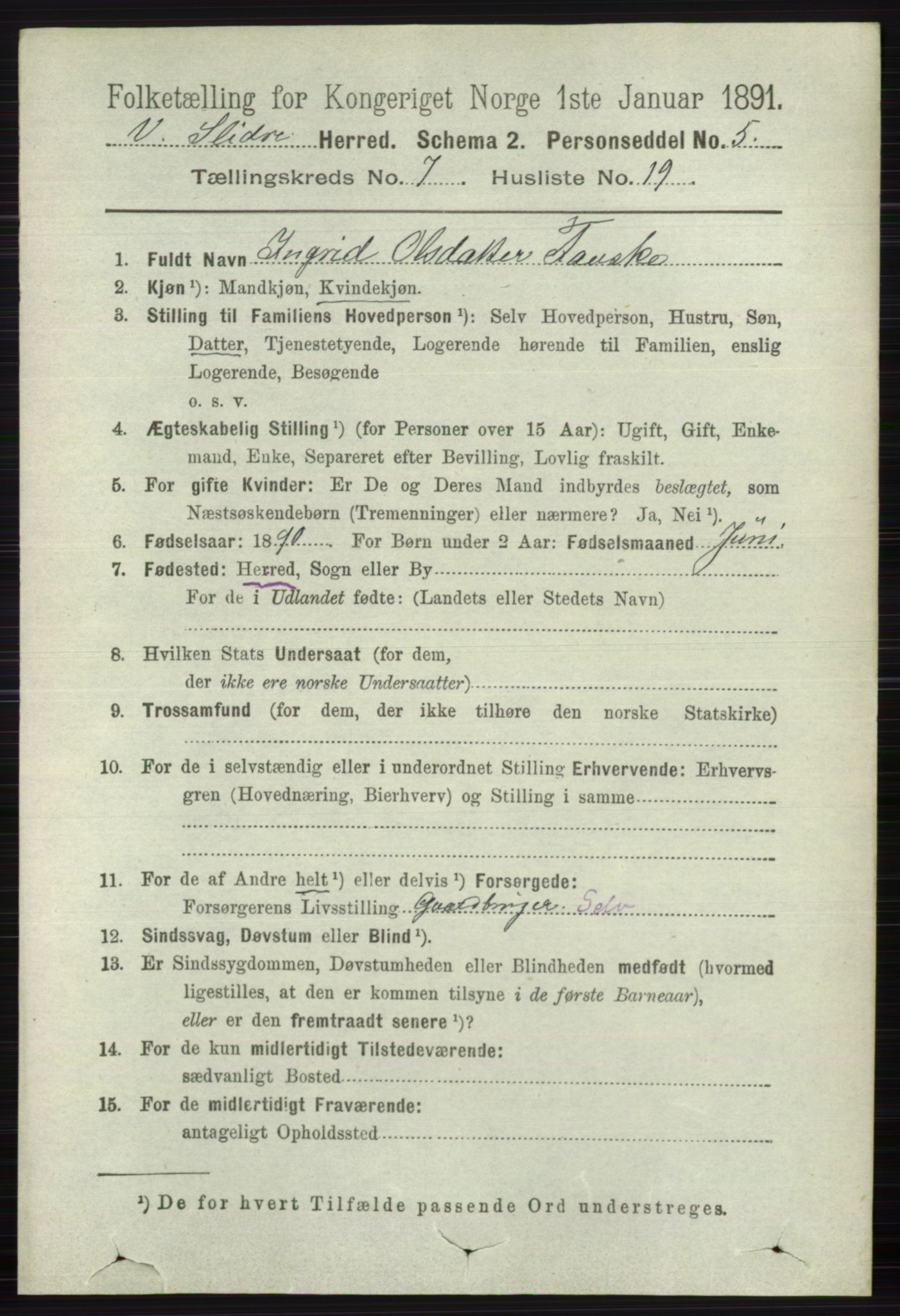 RA, 1891 census for 0543 Vestre Slidre, 1891, p. 2694