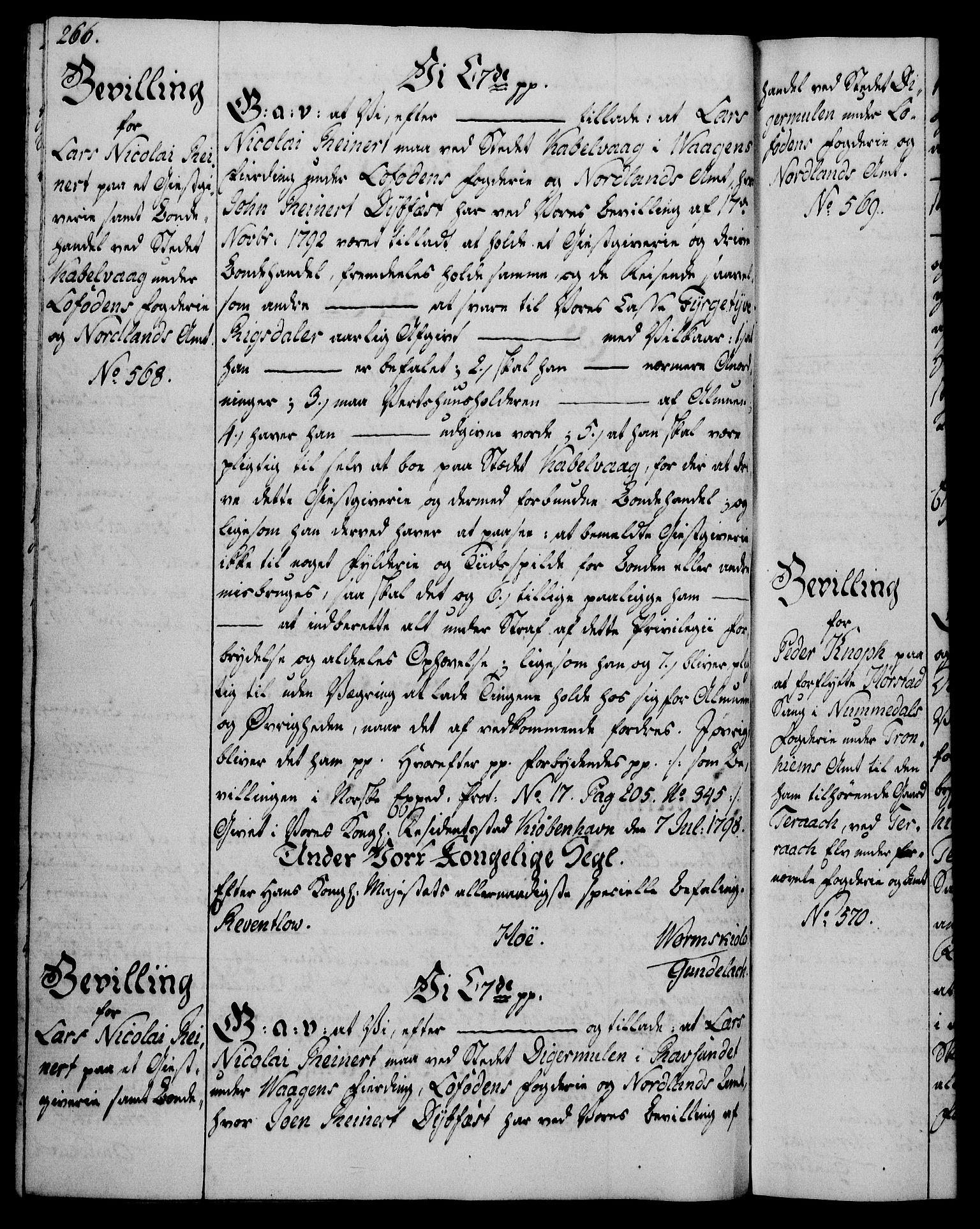 Rentekammeret, Kammerkanselliet, AV/RA-EA-3111/G/Gg/Gga/L0016: Norsk ekspedisjonsprotokoll med register (merket RK 53.16), 1794-1800, p. 266