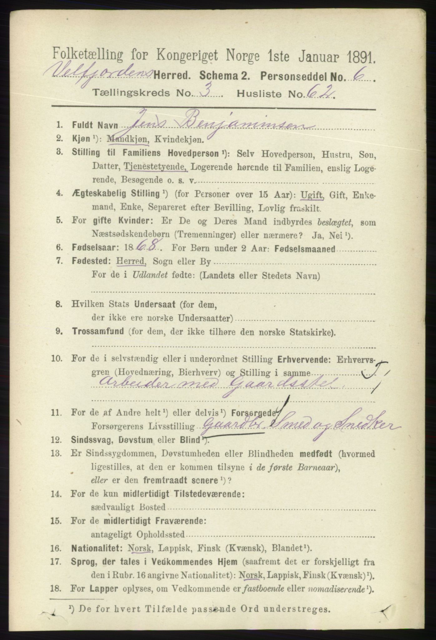 RA, 1891 census for 1813 Velfjord, 1891, p. 1449