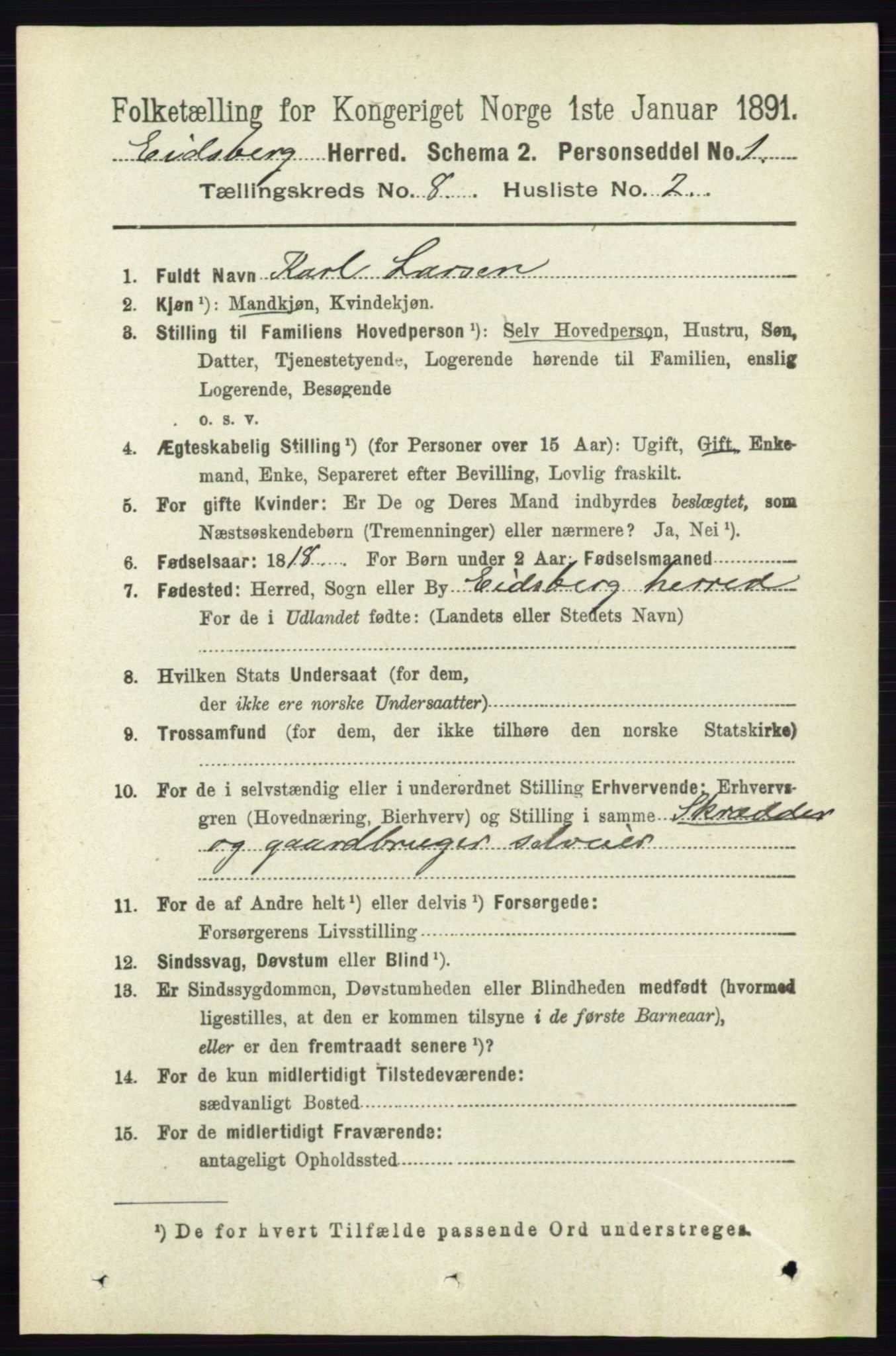 RA, 1891 census for 0125 Eidsberg, 1891, p. 4642