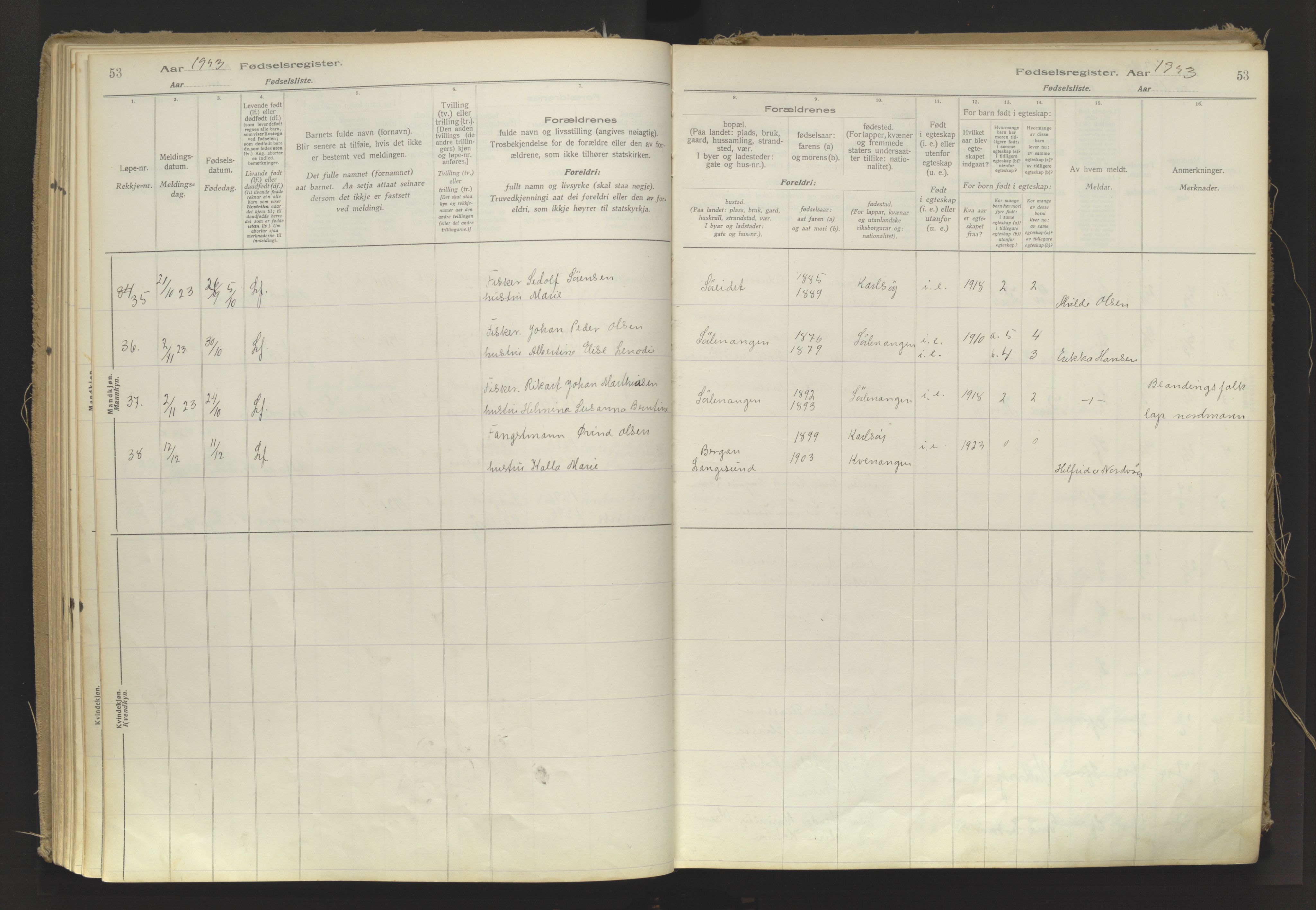 Karlsøy sokneprestembete, AV/SATØ-S-1299/I/Ic/L0064: Birth register no. 64, 1916-1943, p. 53