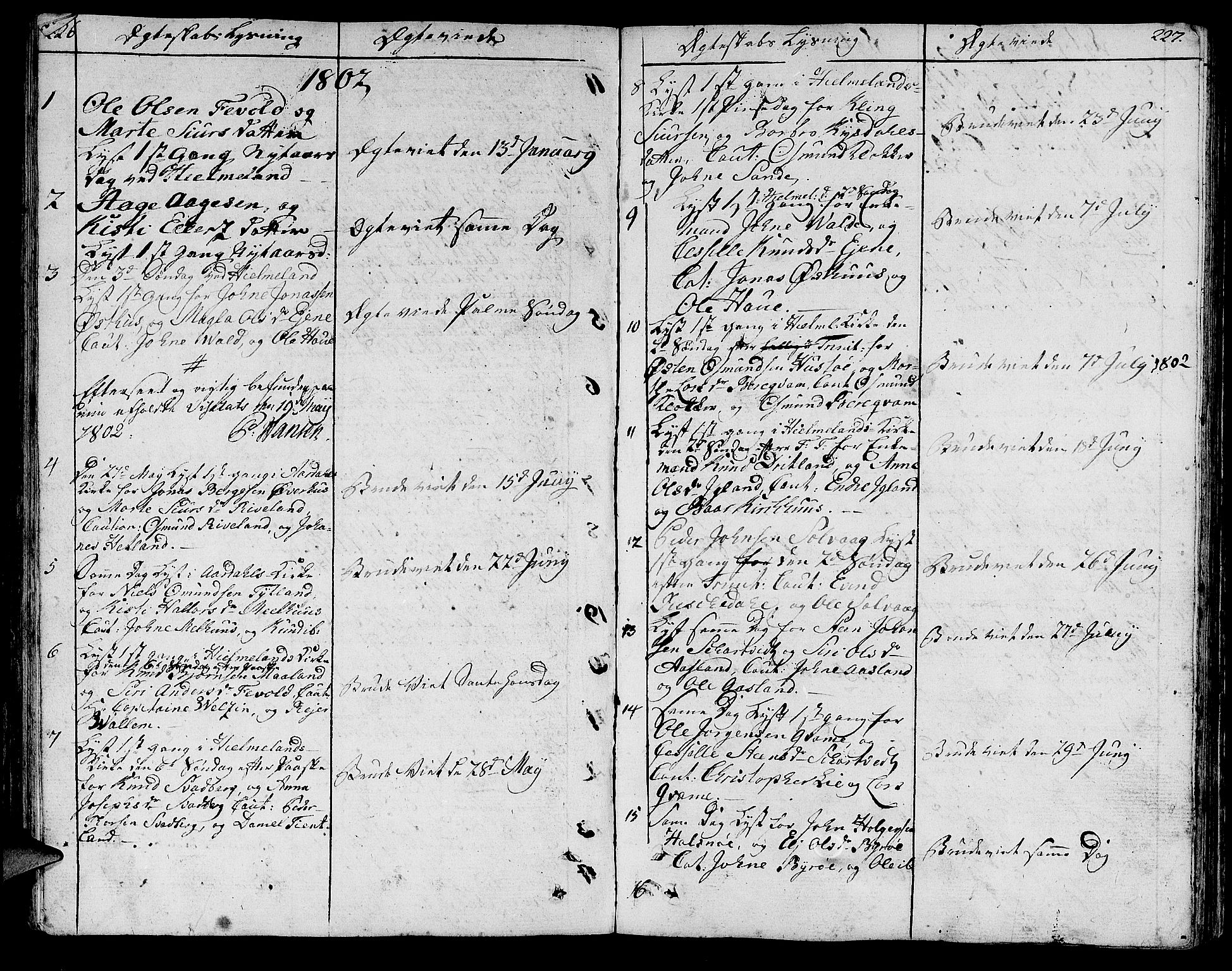 Hjelmeland sokneprestkontor, SAST/A-101843/01/IV/L0002: Parish register (official) no. A 2, 1799-1816, p. 226-227