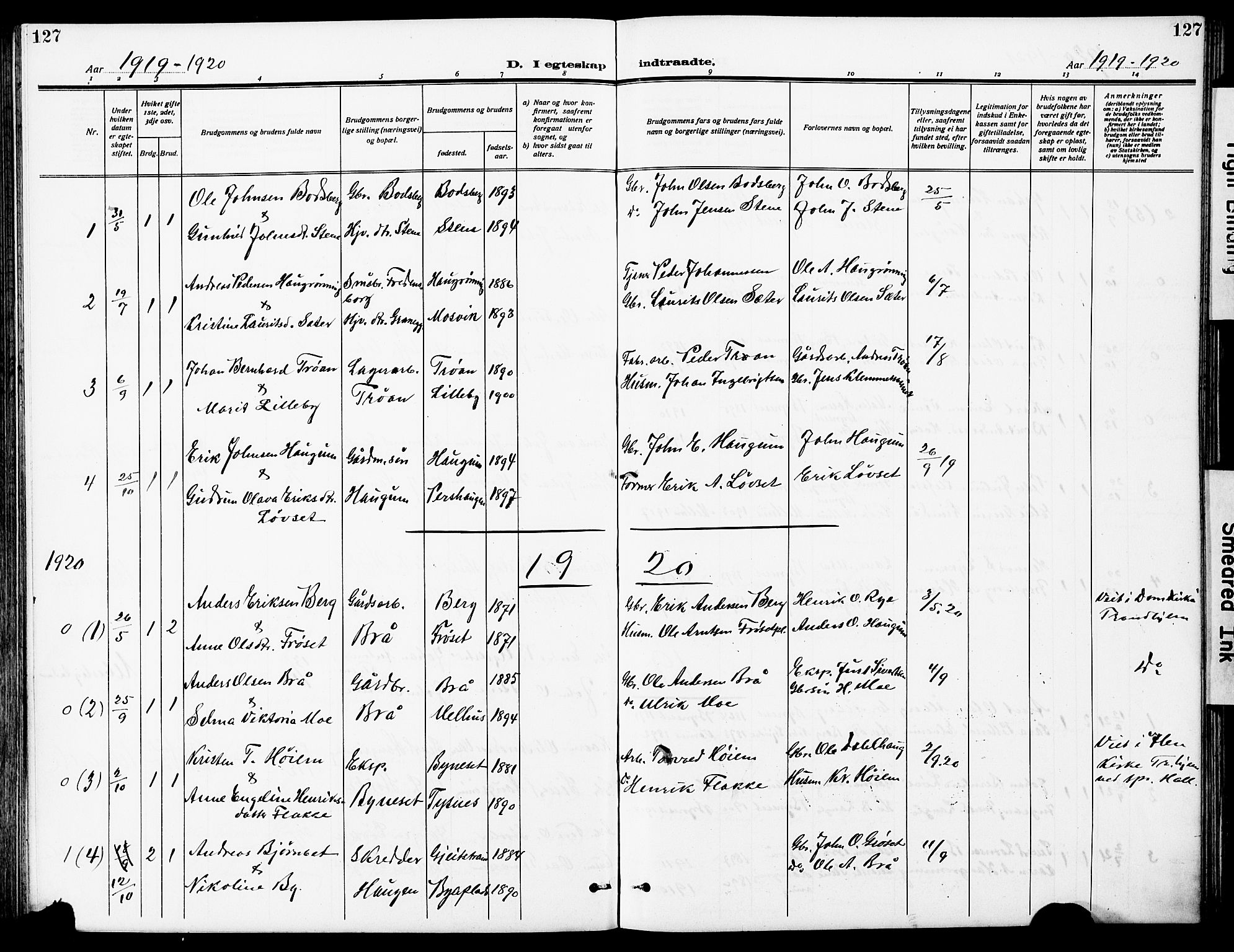 Ministerialprotokoller, klokkerbøker og fødselsregistre - Sør-Trøndelag, SAT/A-1456/612/L0388: Parish register (copy) no. 612C04, 1909-1929, p. 127