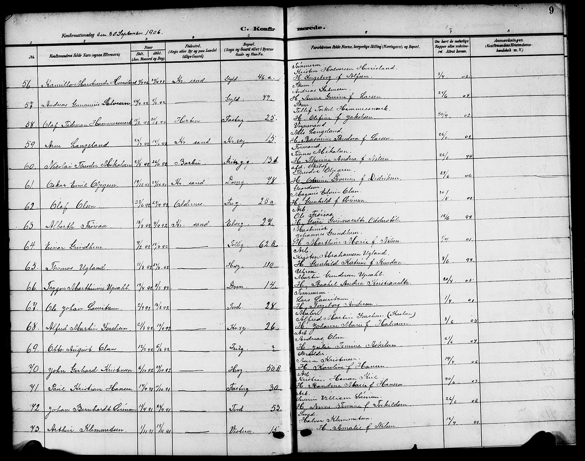 Kristiansand domprosti, AV/SAK-1112-0006/F/Fb/L0020: Parish register (copy) no. B 20, 1906-1915, p. 9