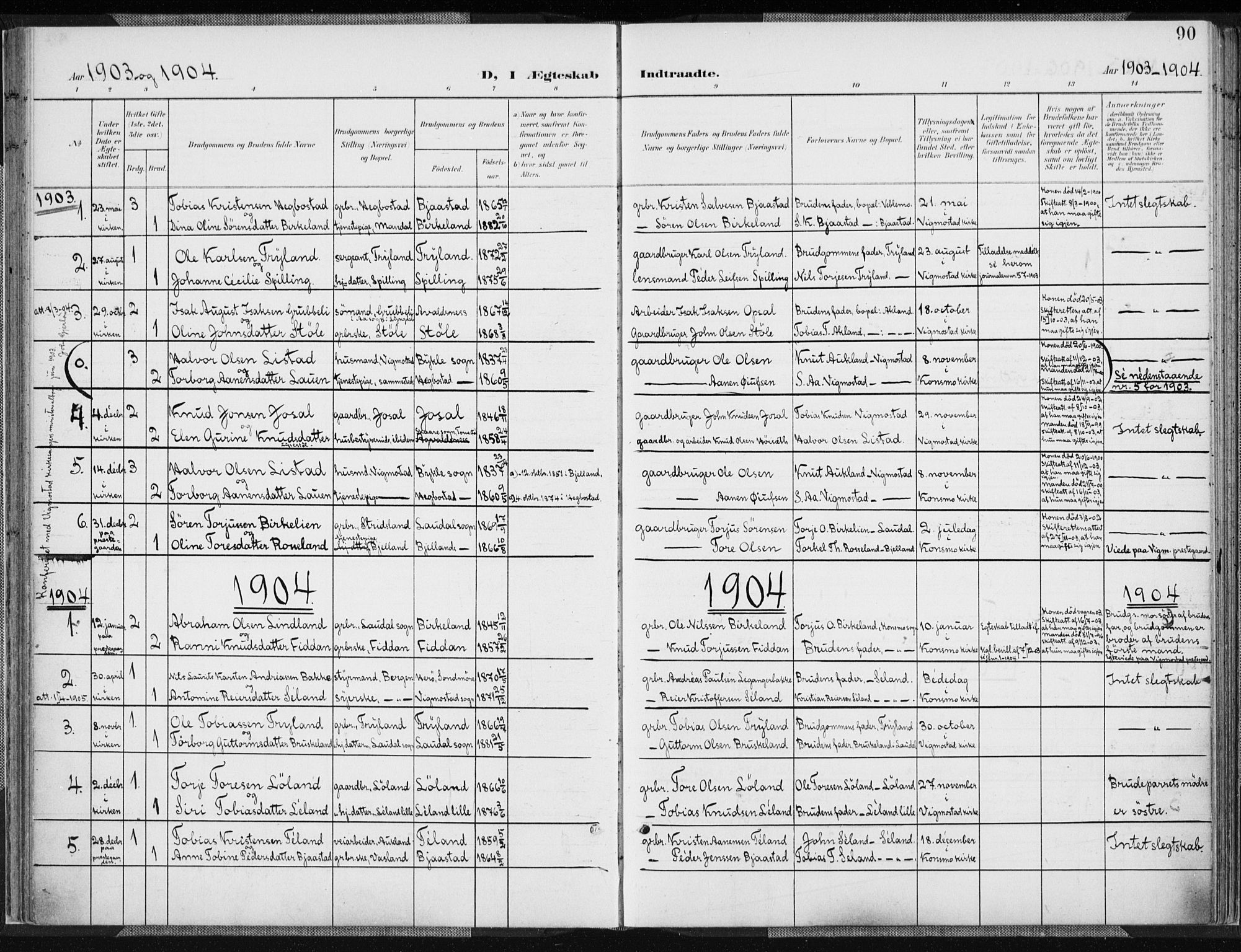 Nord-Audnedal sokneprestkontor, SAK/1111-0032/F/Fa/Fab/L0004: Parish register (official) no. A 4, 1901-1917, p. 90