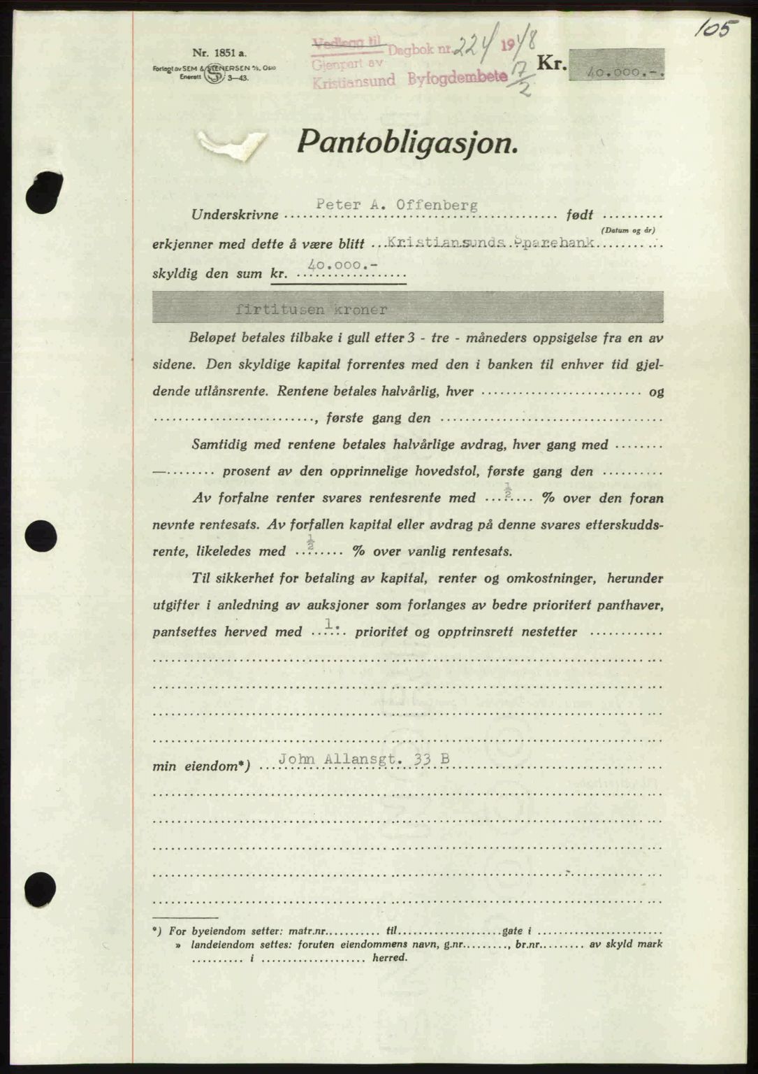 Kristiansund byfogd, AV/SAT-A-4587/A/27: Mortgage book no. 44, 1947-1948, Diary no: : 224/1948