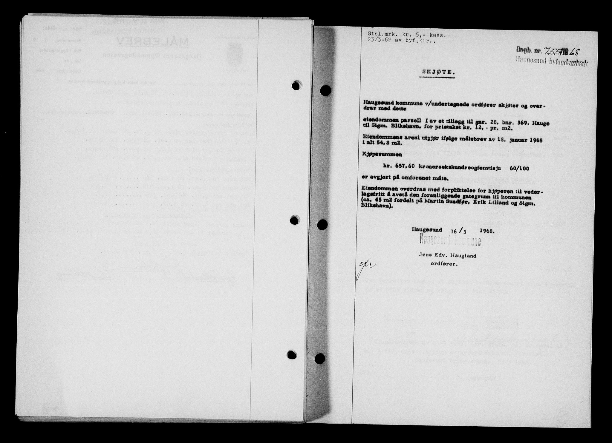 Haugesund tingrett, AV/SAST-A-101415/01/II/IIC/L0079: Mortgage book no. A 20, 1967-1968, Diary no: : 755/1968