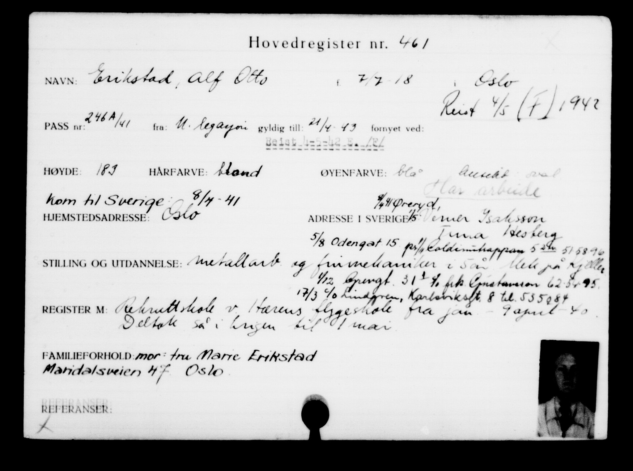 Utenriksstasjonene, Legasjonen i Stockholm, Flyktningkontoret, AV/RA-S-6753/V/Va/L0001: Kjesäterkartoteket, flyktninger med registreringsnr. 1-1000, 1940-1945, p. 717