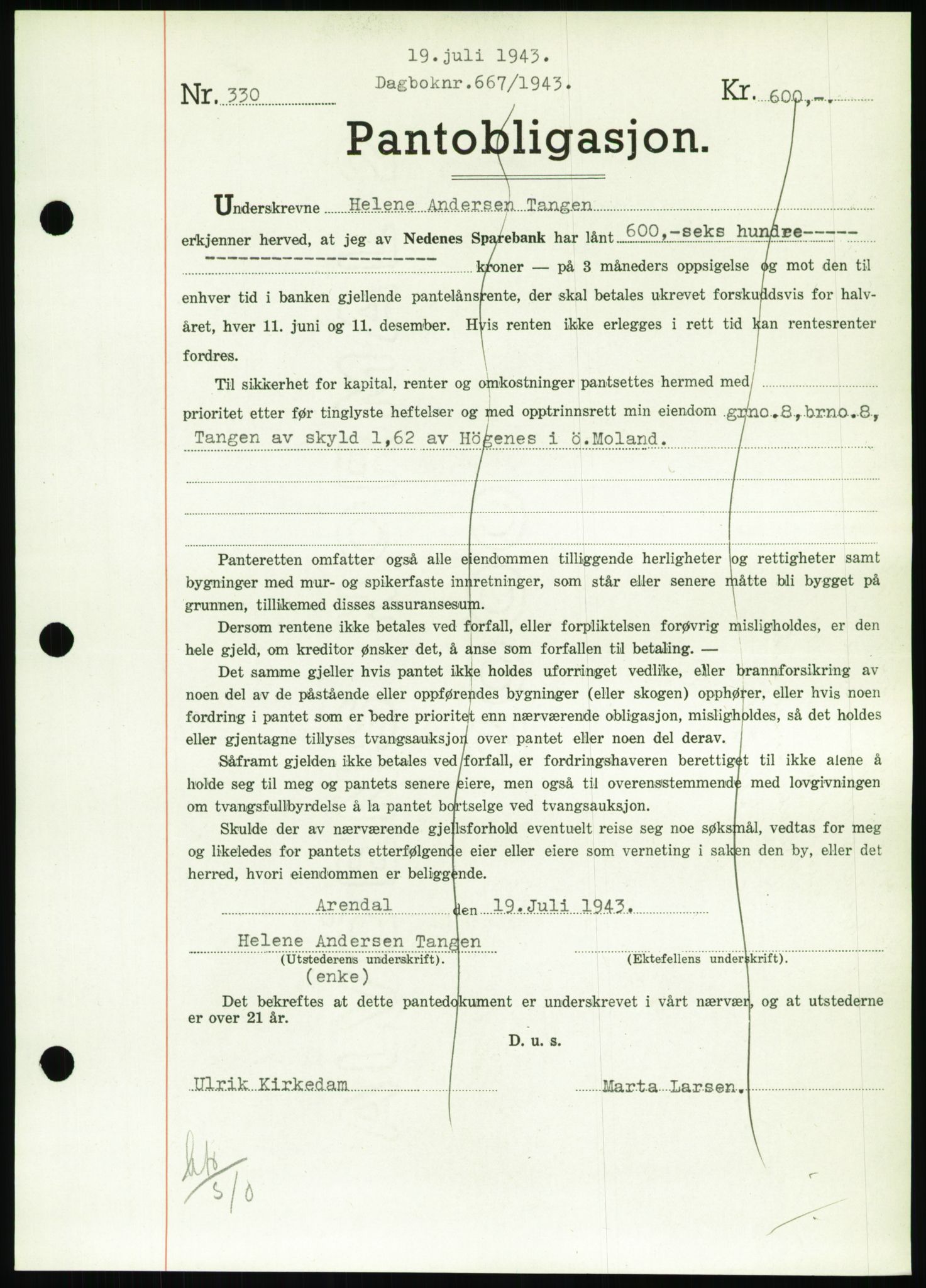 Nedenes sorenskriveri, AV/SAK-1221-0006/G/Gb/Gbb/L0002: Mortgage book no. II, 1942-1945, Diary no: : 667/1943