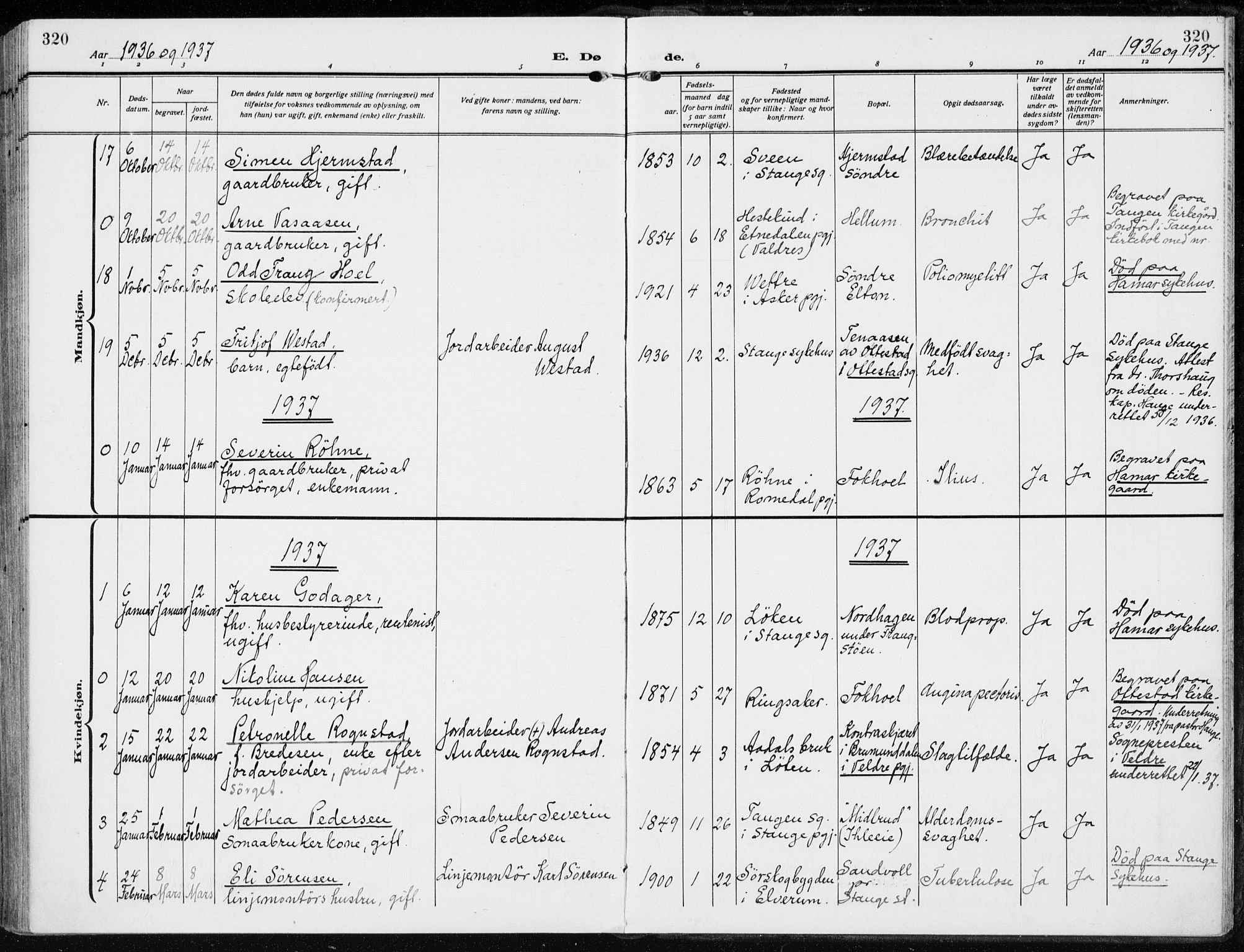 Stange prestekontor, SAH/PREST-002/K/L0026: Parish register (official) no. 26, 1923-1937, p. 320
