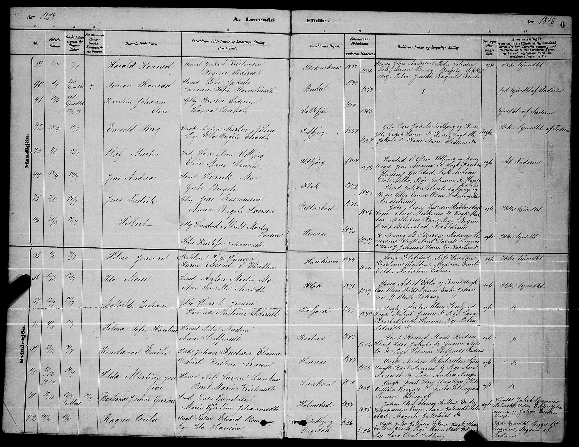 Ministerialprotokoller, klokkerbøker og fødselsregistre - Nordland, AV/SAT-A-1459/888/L1267: Parish register (copy) no. 888C05, 1878-1890, p. 6