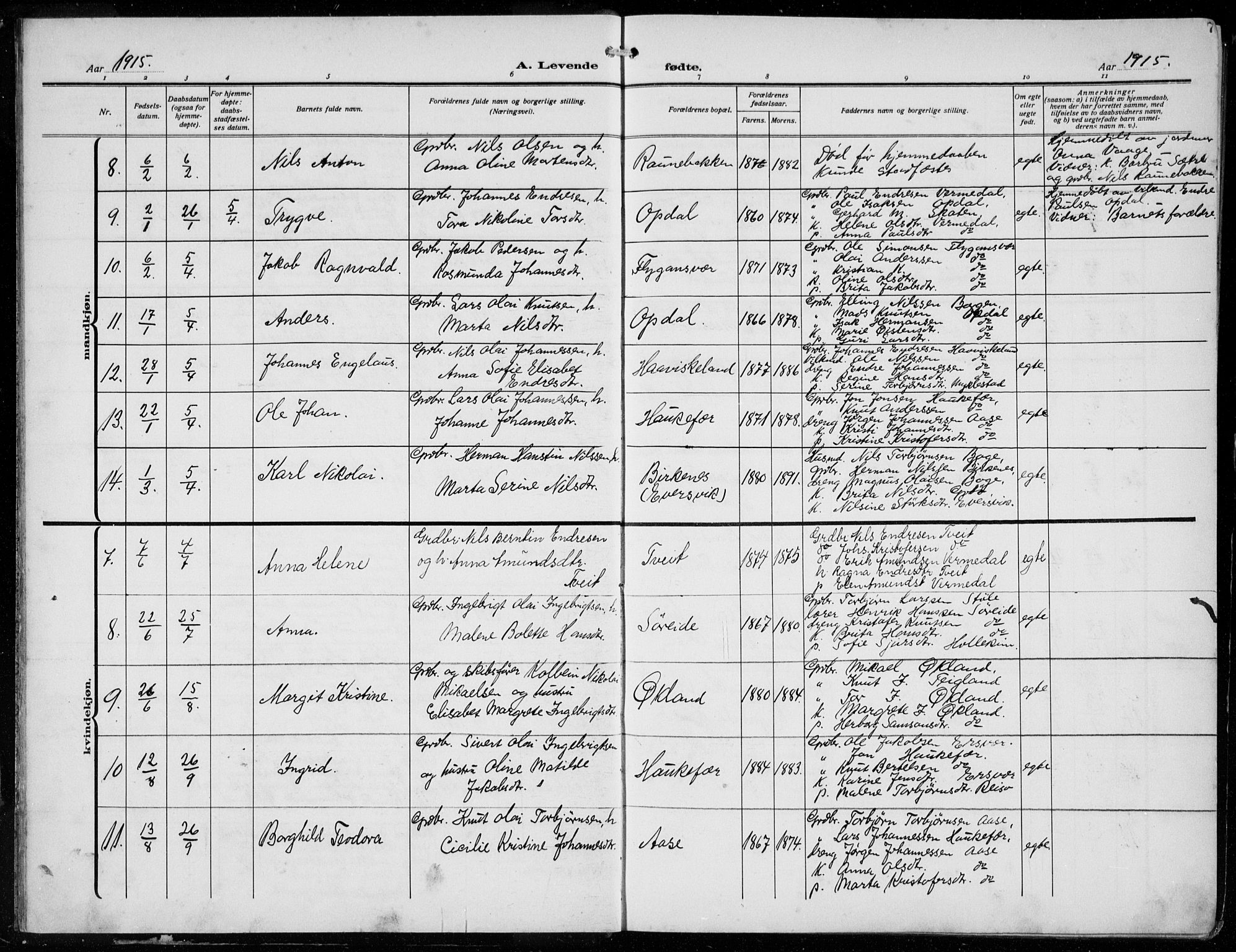 Tysnes sokneprestembete, AV/SAB-A-78601/H/Hab: Parish register (copy) no. E  4, 1912-1936, p. 7