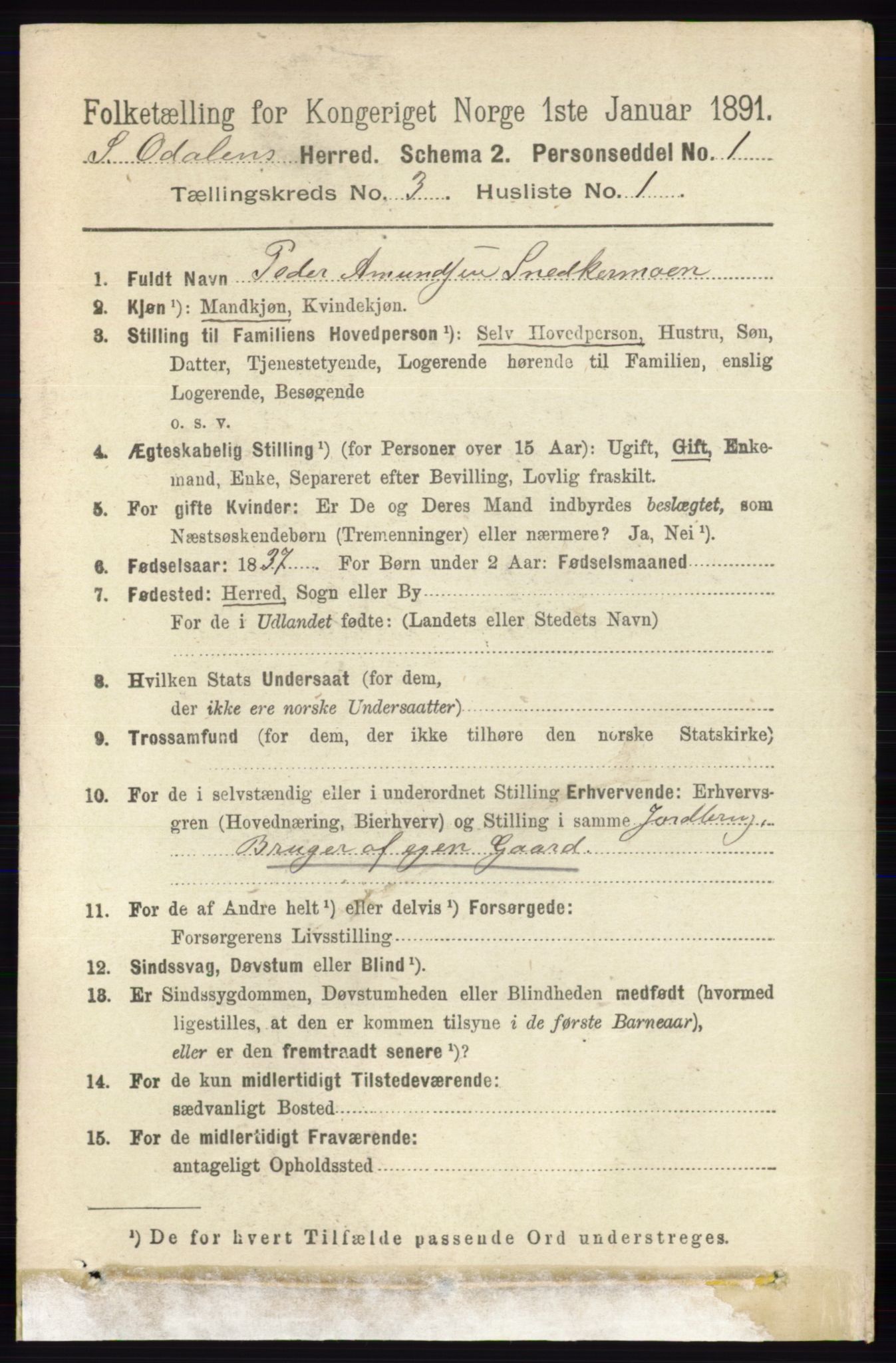 RA, 1891 census for 0419 Sør-Odal, 1891, p. 1153