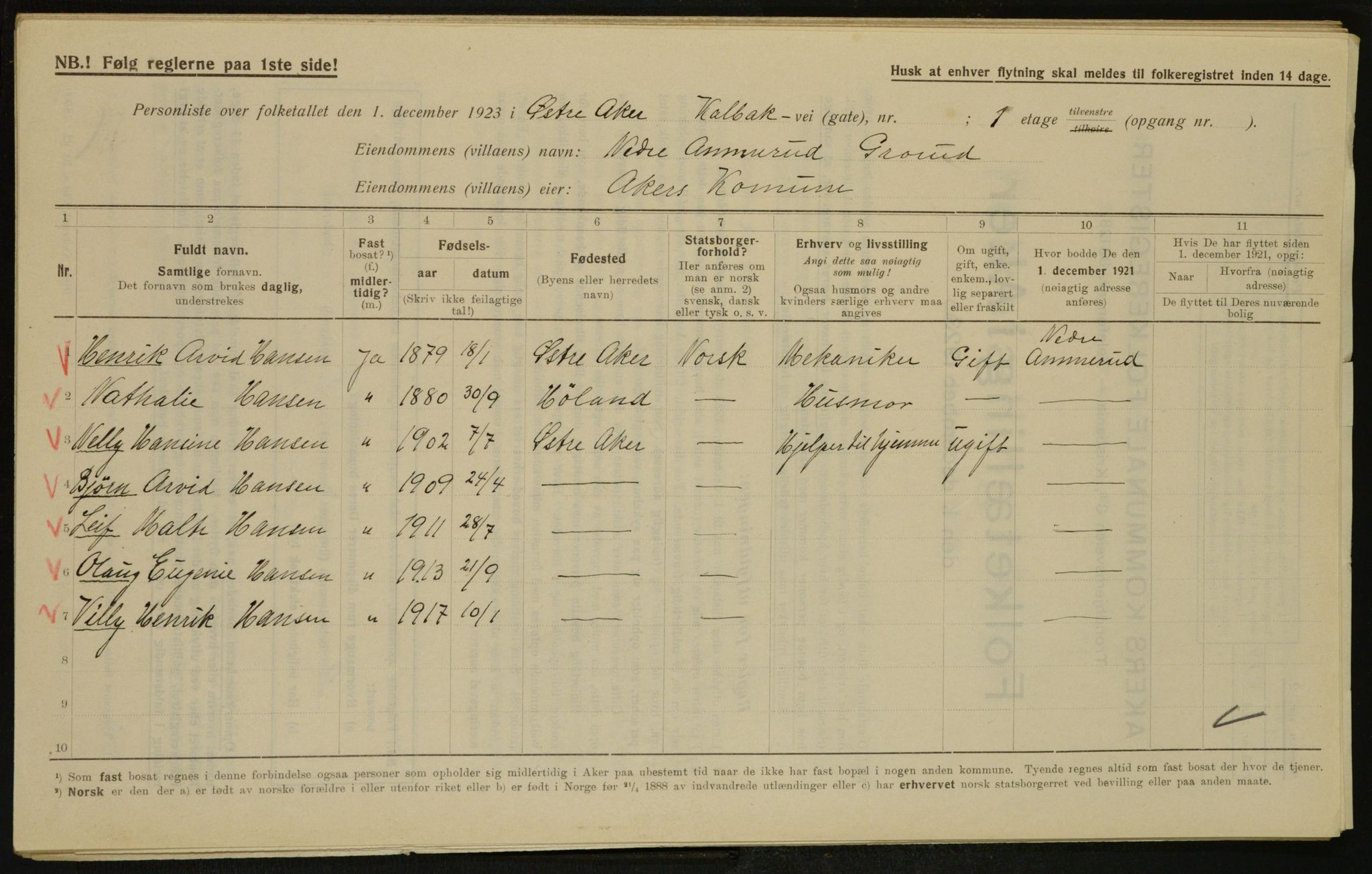 , Municipal Census 1923 for Aker, 1923, p. 28164