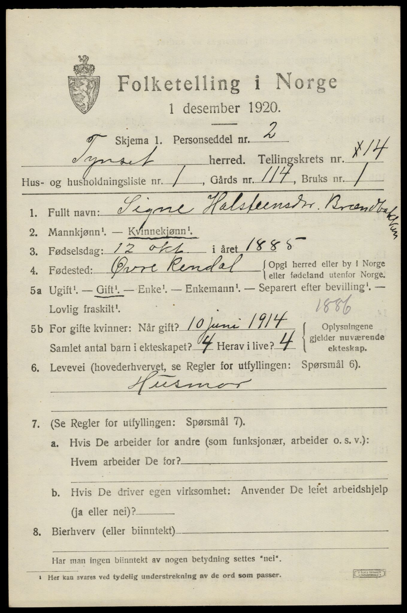 SAH, 1920 census for Tynset, 1920, p. 8930